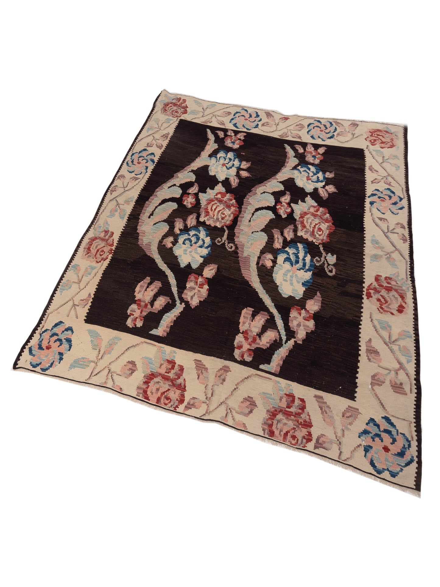 Old Basserabian Kilim 54997 Black Ivory 5.1x8.3 Hand Woven Rug