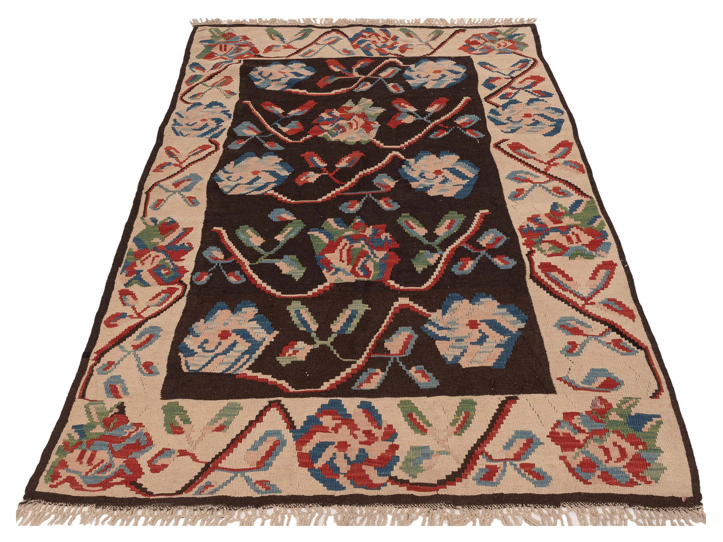 Old Basserabian Kilim 55003 Brown Ivory 4.4x6.7 Hand Woven Rug