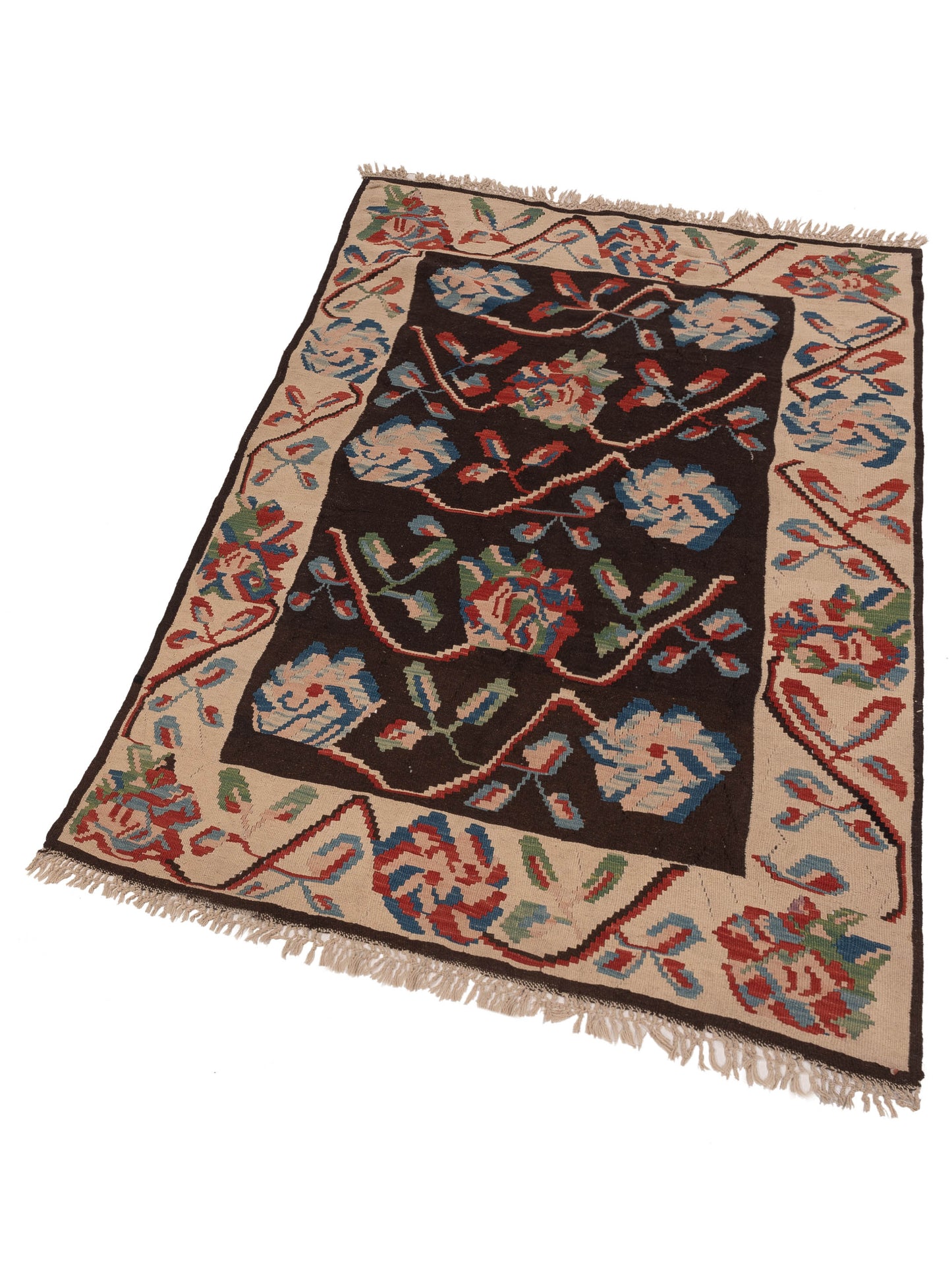 Old Basserabian Kilim 55003 Brown Ivory 4.4x6.7 Hand Woven Rug