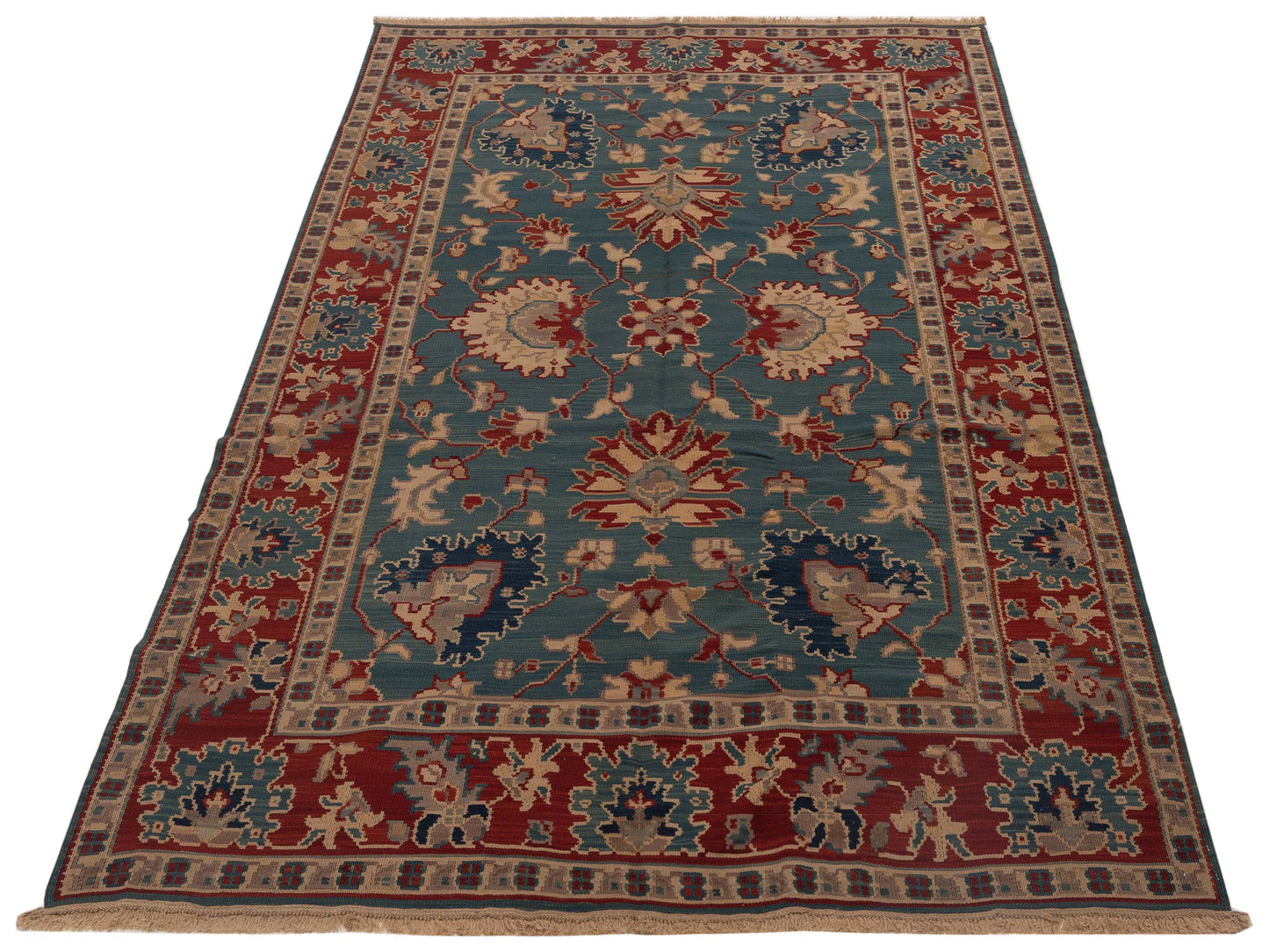 Transilvanian Kilim 70404 Green Red 6.6x9.10 Hand Woven Rug