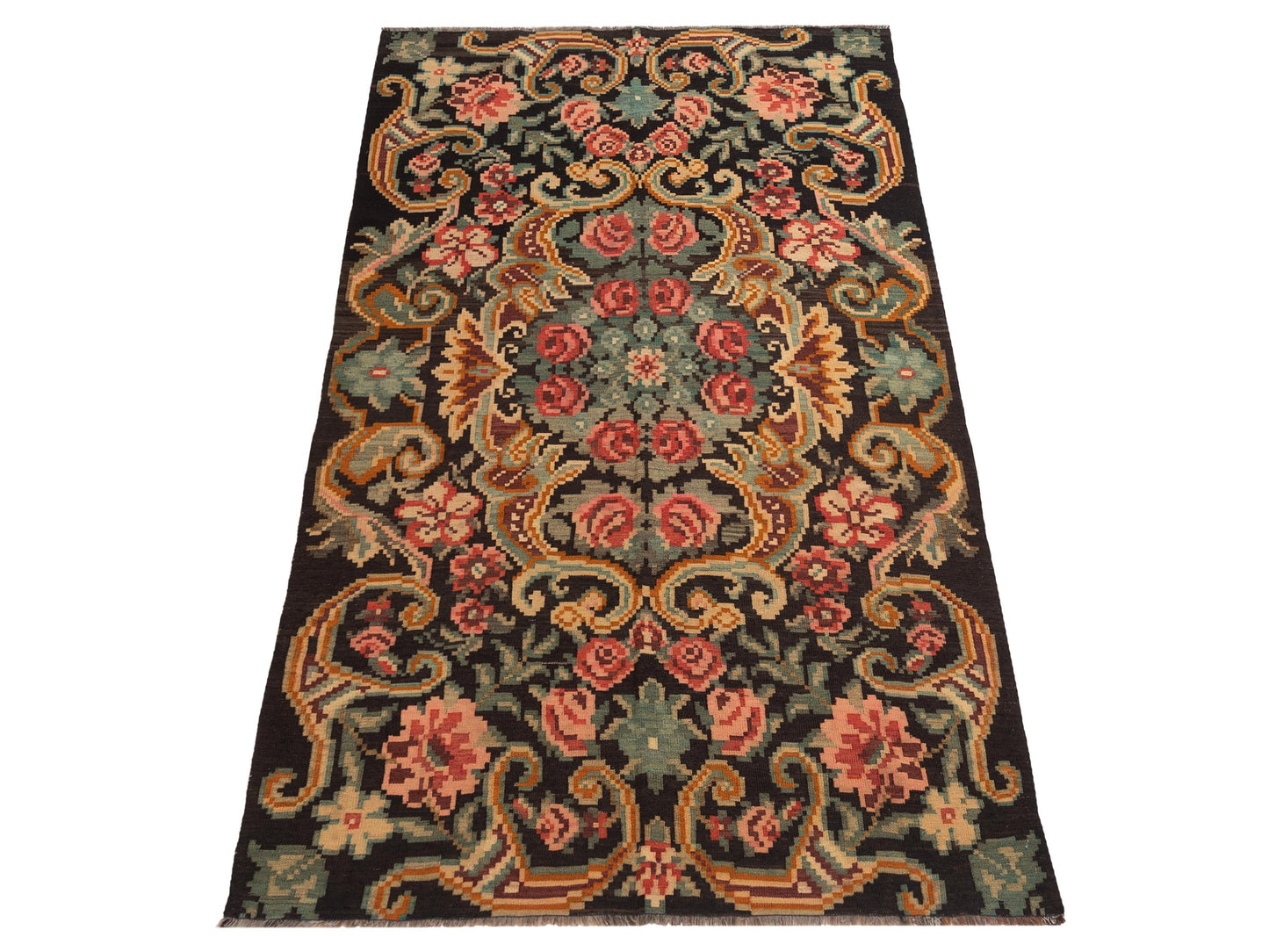 Old Basserabian Kilim 73707 Black Green 5.10x9.5 Hand Woven Rug