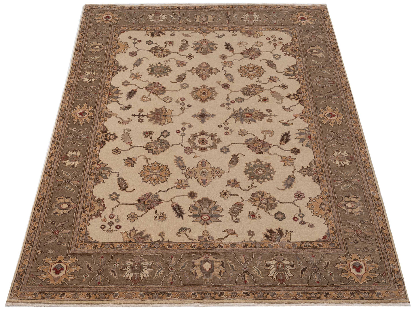 Turkish Elvan Zikra Ivory Sage Green 9x12.3 Hand Knotted Rug