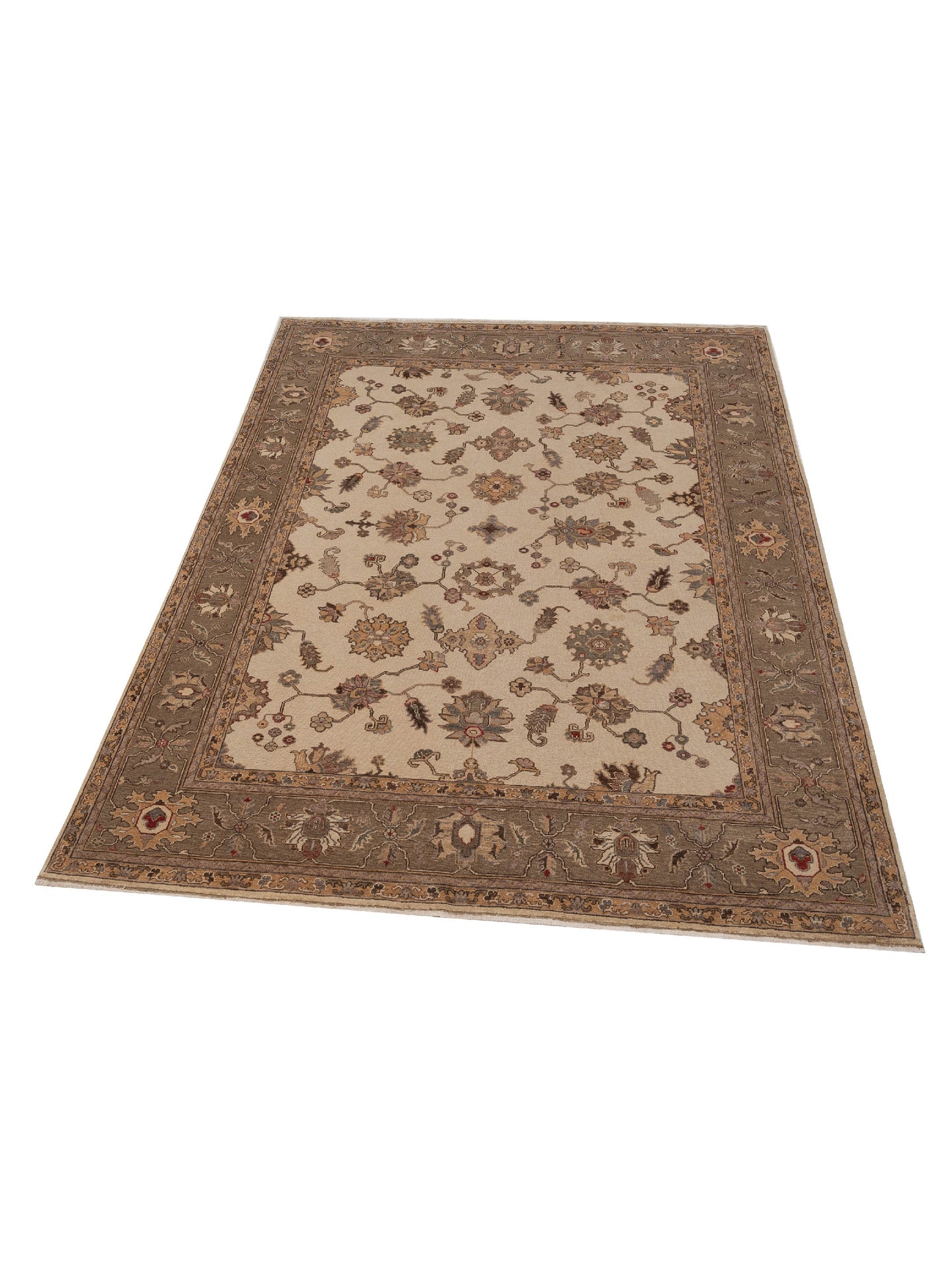 Turkish Elvan Zikra Ivory Sage Green 9x12.3 Hand Knotted Rug