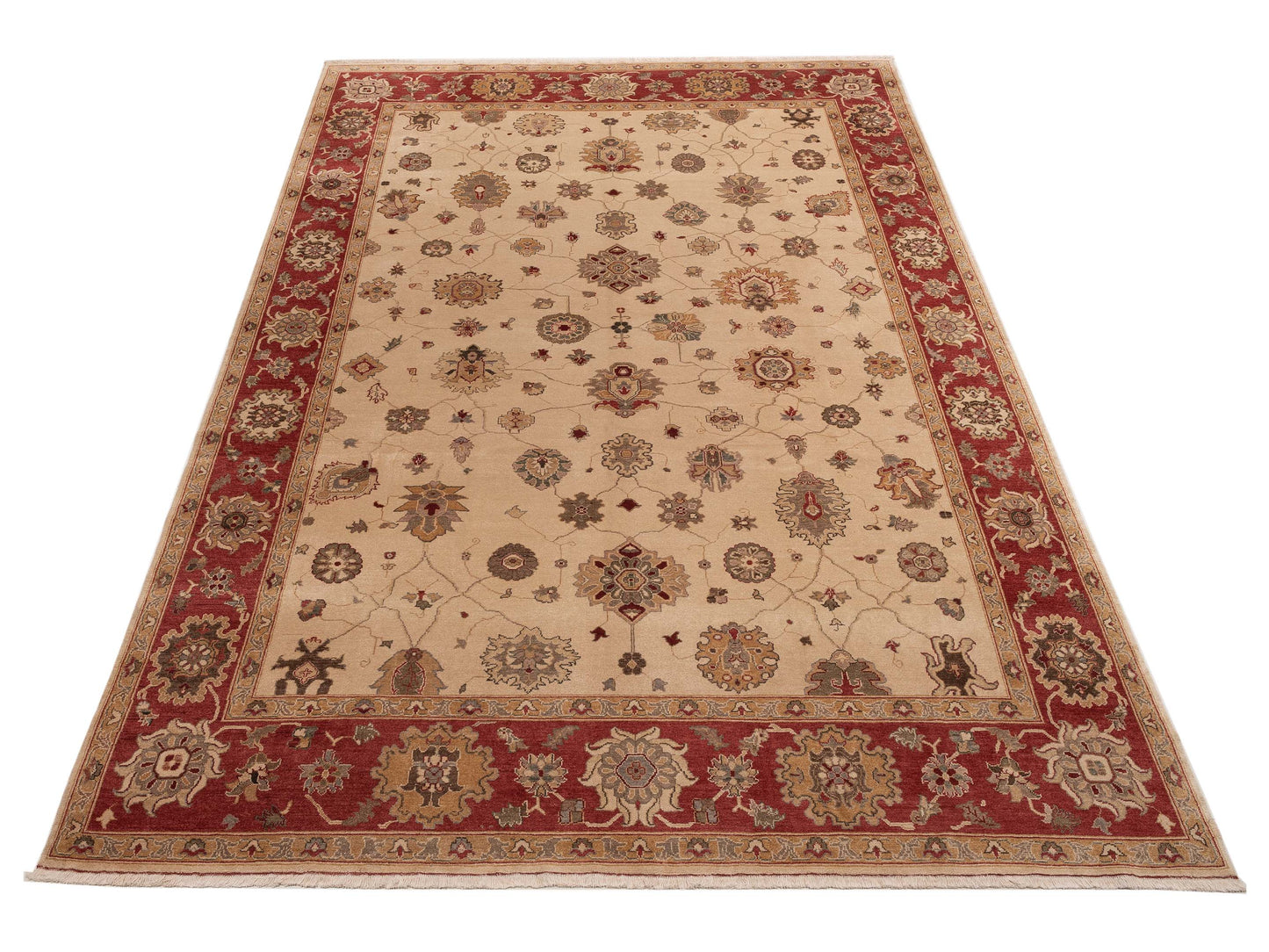 Turkish Elvan 79478 Ivory Red 10.1x14.11 Hand Knotted Rug