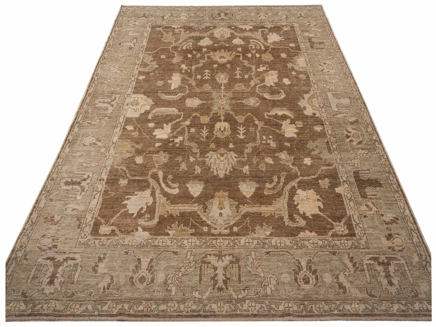 Angora Oushak 117656 Brown Green 9.10x13.5 Hand Knotted Rug