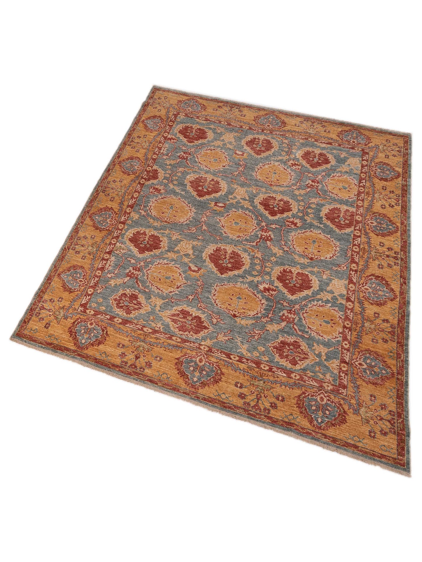 Angora Oushak 119617 Teal Blue Gold 8.9x10.10 Hand Knotted Rug