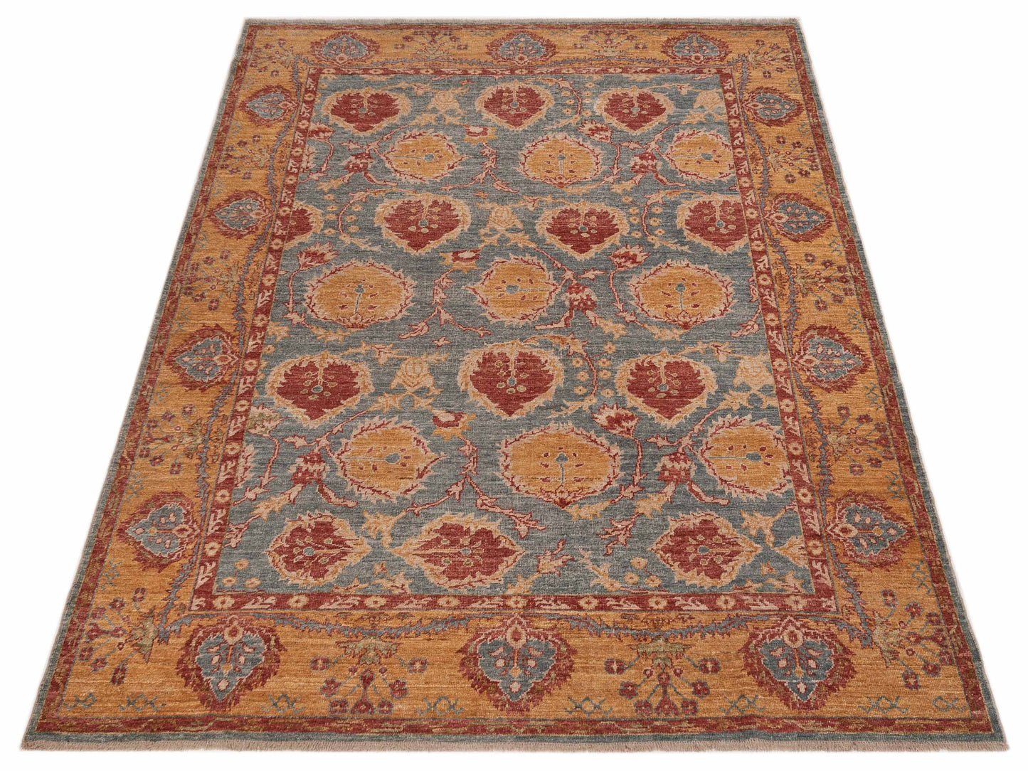 Angora Oushak 119617 Teal Blue Gold 8.9x10.10 Hand Knotted Rug