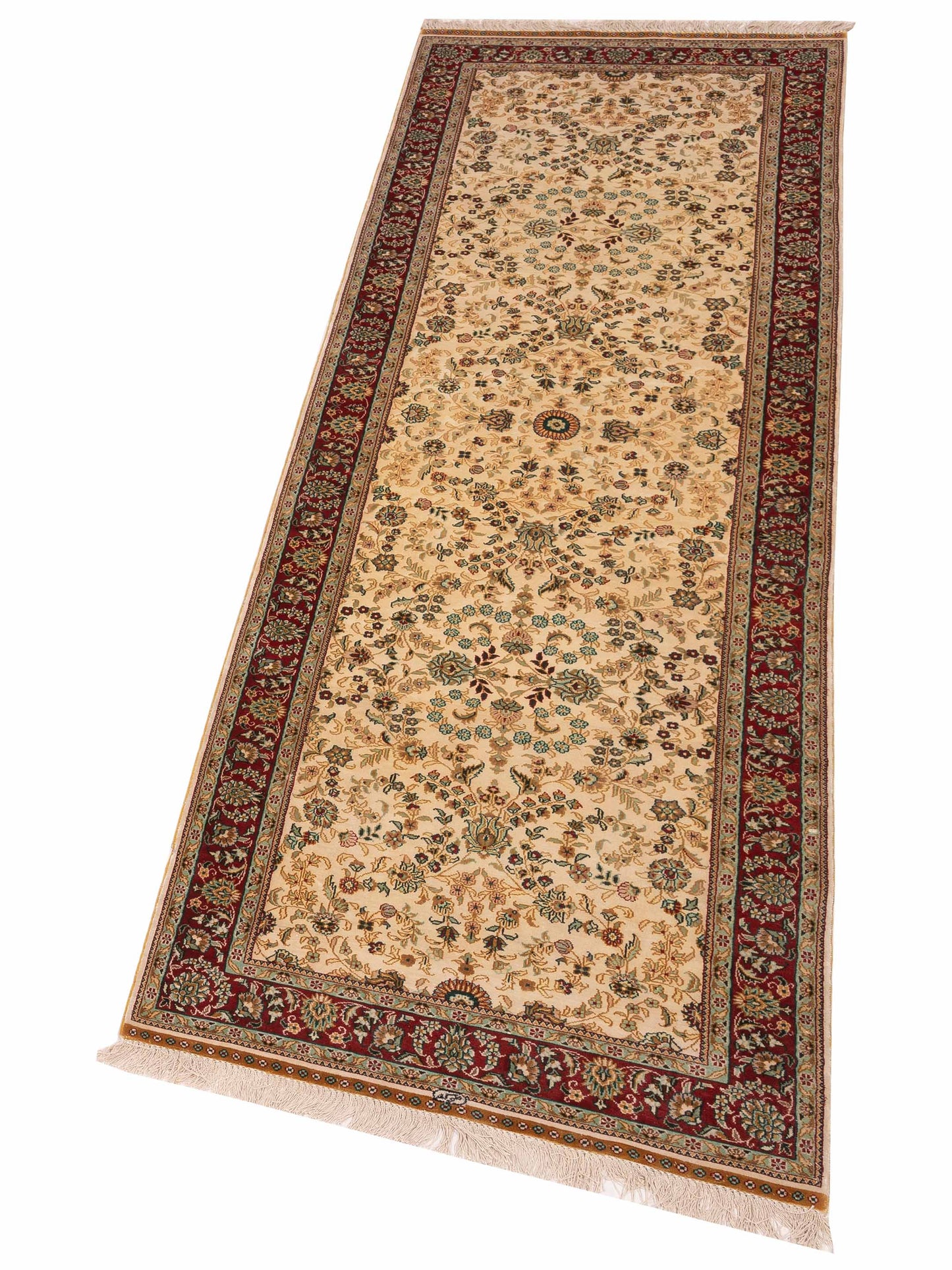 Pure Silk 122467 Ivory Red 2.7x8 Hand Knotted Rug
