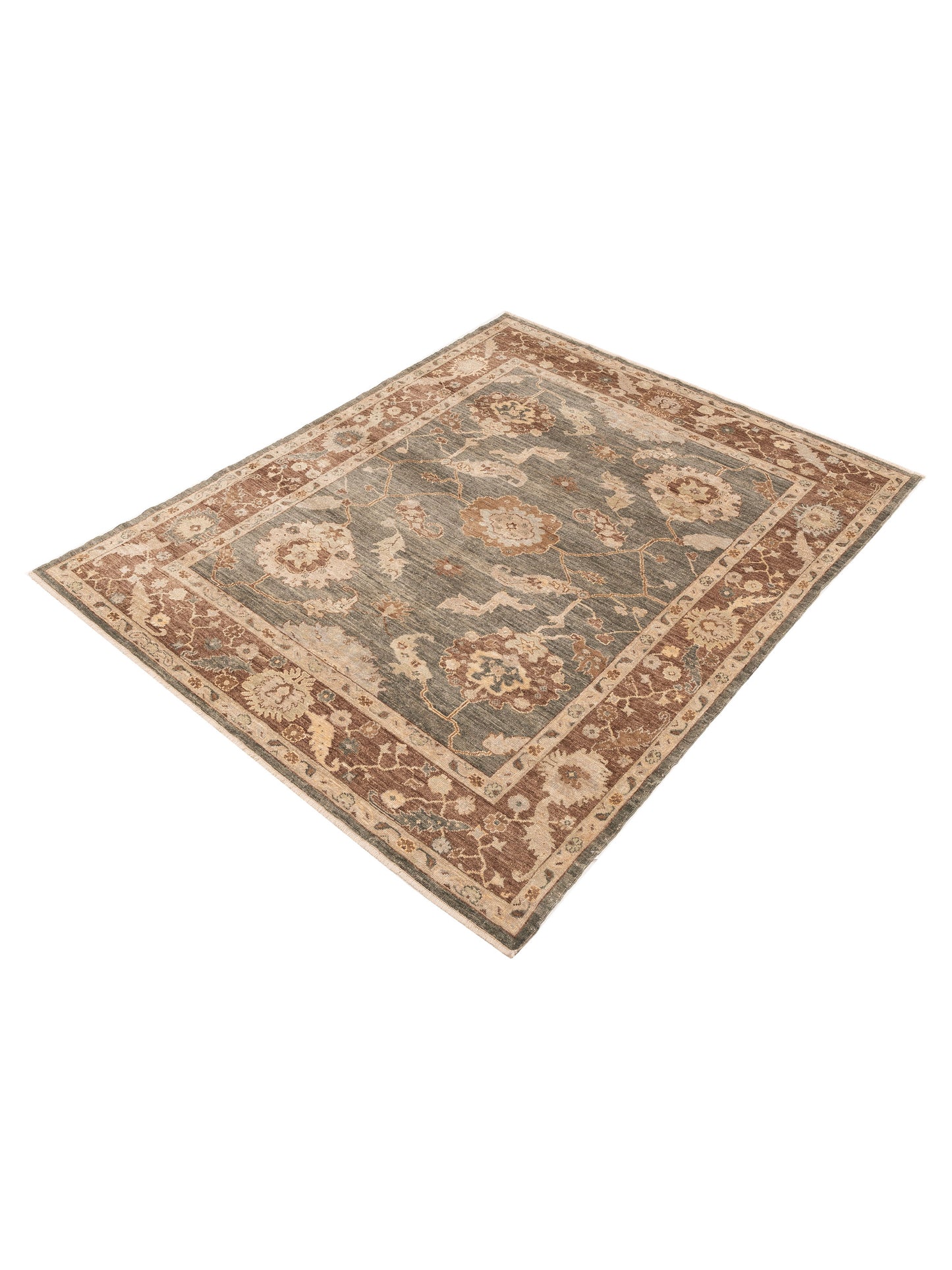 Angora Oushak 125535 Green Brown 7.9x9.6 Hand Knotted Rug