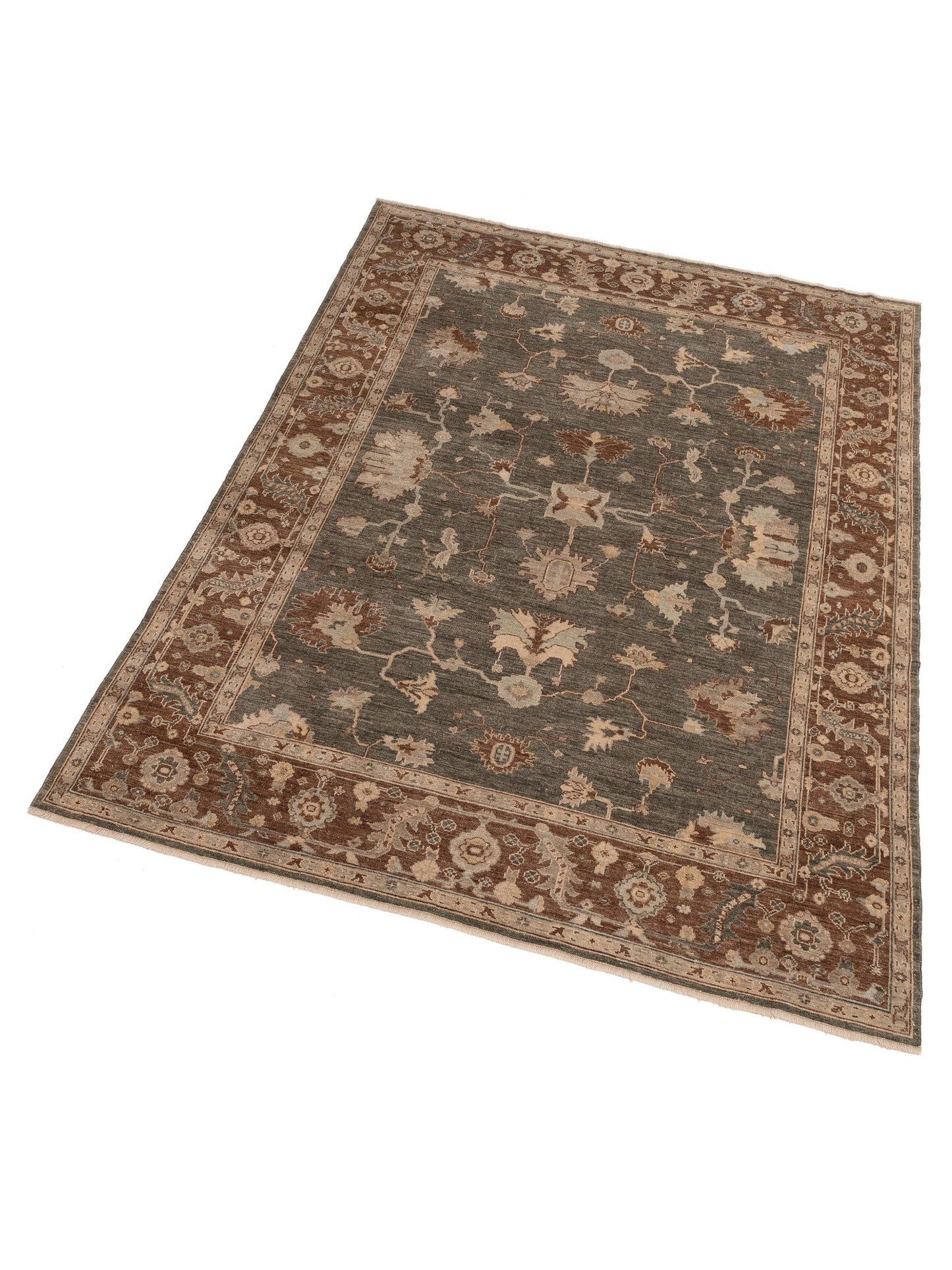 Angora Oushak 125536 Green Brown 8.10x11.8 Hand Knotted Rug
