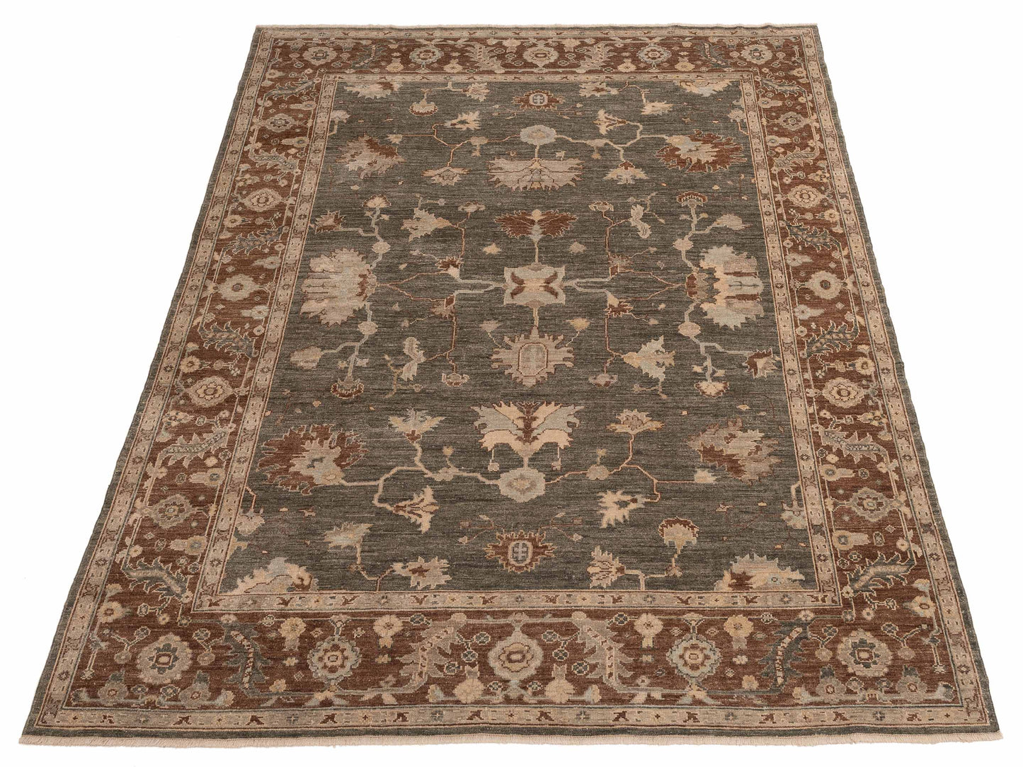 Angora Oushak 125536 Green Brown 8.10x11.8 Hand Knotted Rug