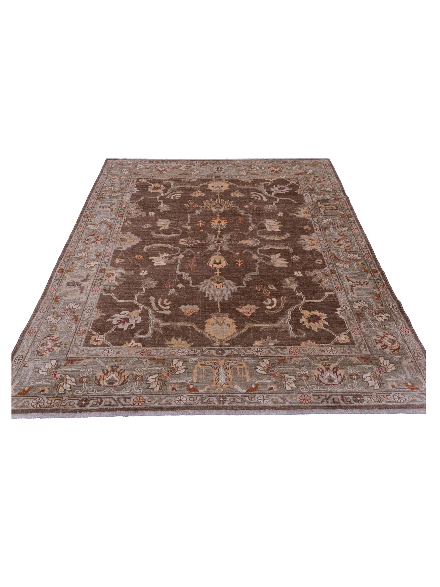Angora Oushak 125549 Brown Green 7.9x9.5 Hand Knotted Rug