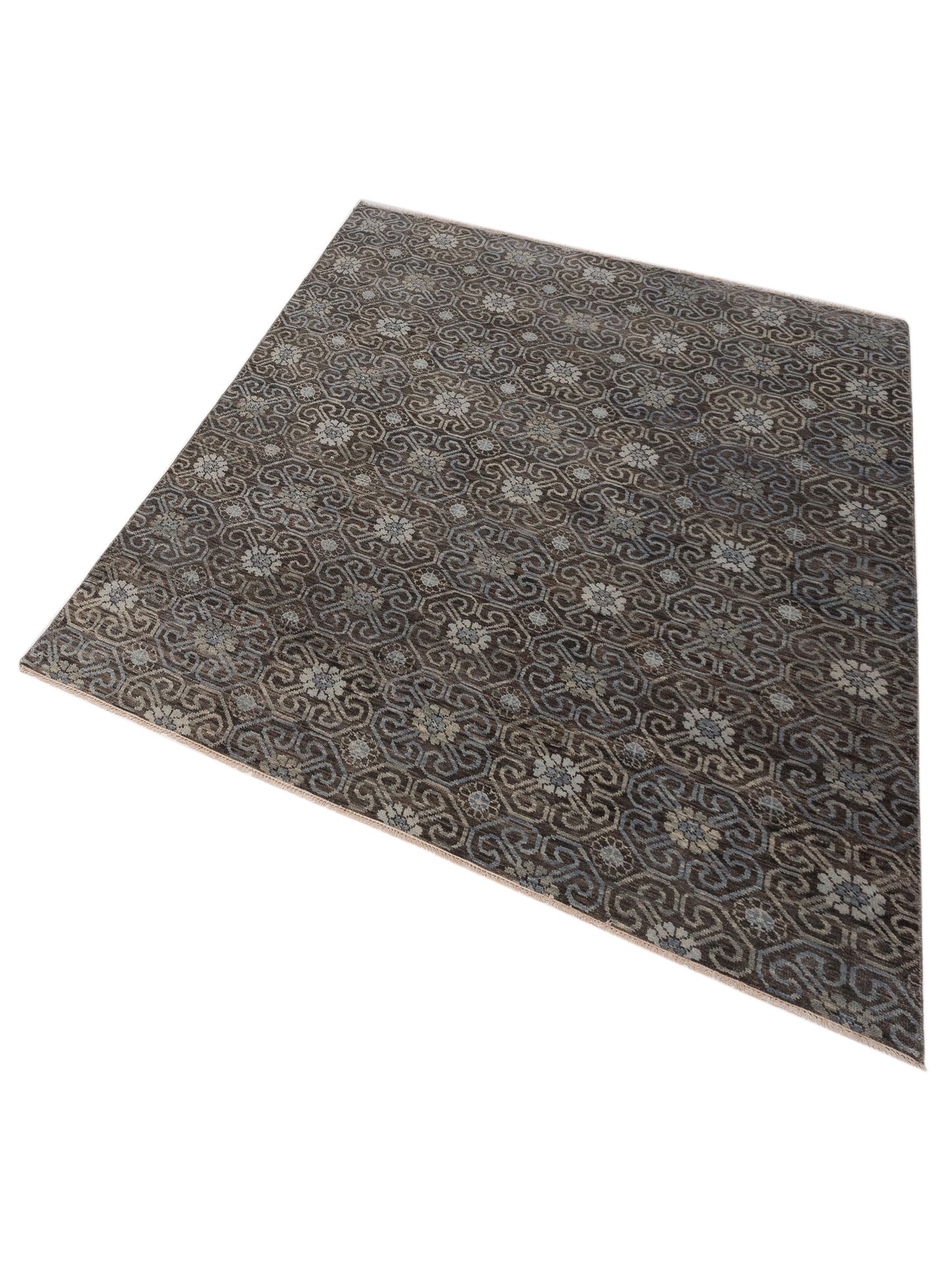 Agra 127526 Brown Blue 7.10x9.6 Hand Knotted Rug