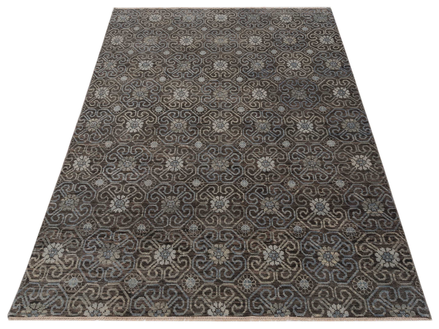Agra 127526 Brown Blue 7.10x9.6 Hand Knotted Rug