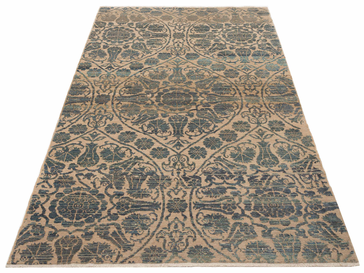 Defne Lotus Cream Blue 6.6x10.8 Hand Knotted Rug