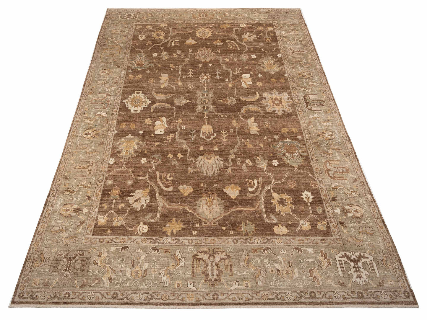 Angora Oushak 129086 Brown Green 12.8x18.1 Hand Knotted Rug