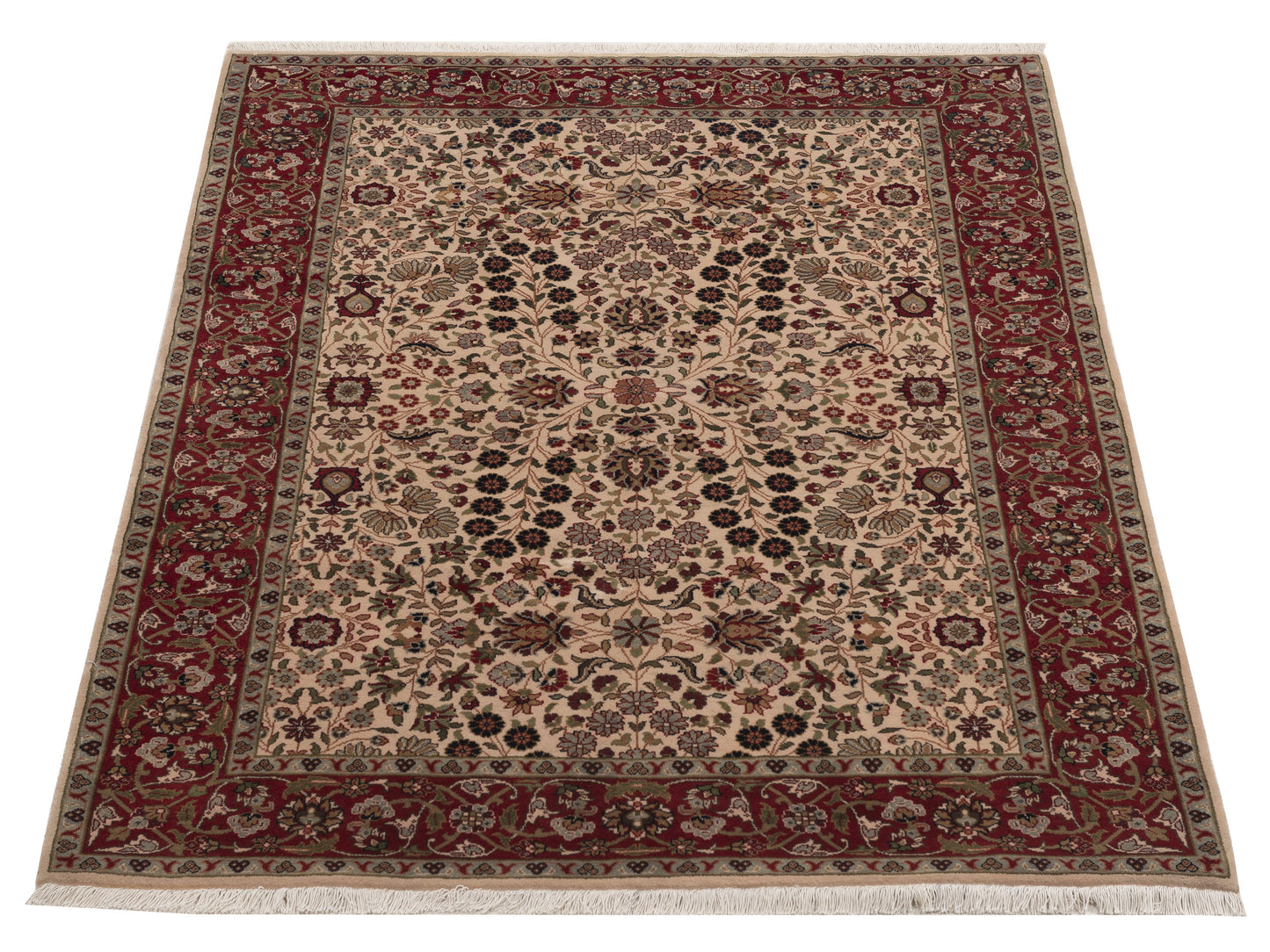 Hereke 129372 Ivory Red 4.9x6.7 Hand Knotted Rug