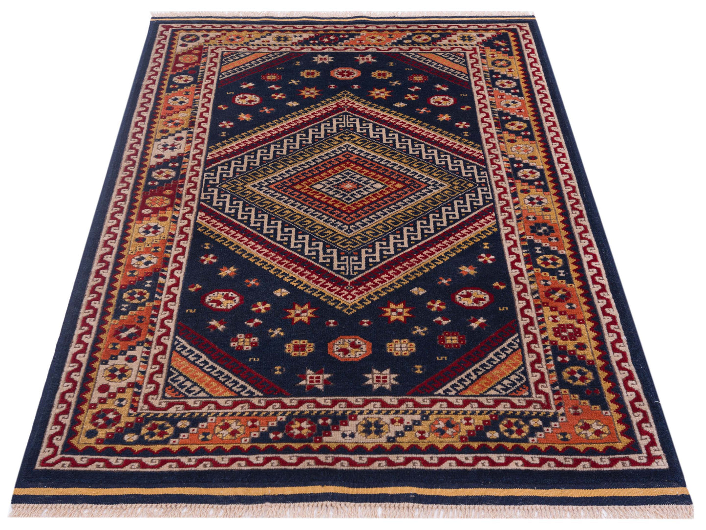 Turkish Shirwan 129638 Navy Ivory 3.8x5.1 Hand Knotted Rug