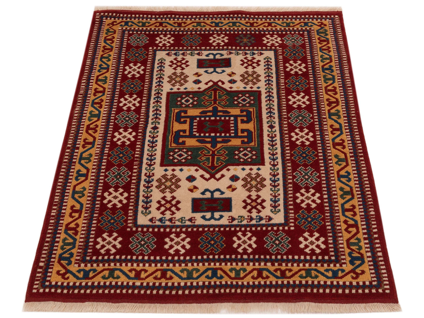 Turkish Shirwan 129683 Ivory Red 4.2x5.6 Hand Knotted Rug