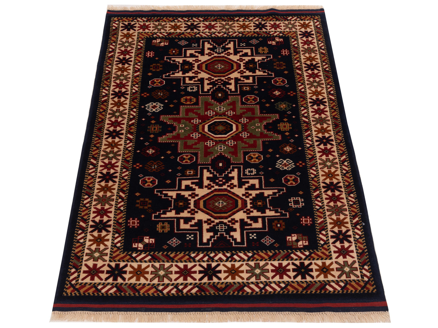 Turkish Shirwan 129698 Navy Ivory 3.9x5.5 Hand Knotted Rug
