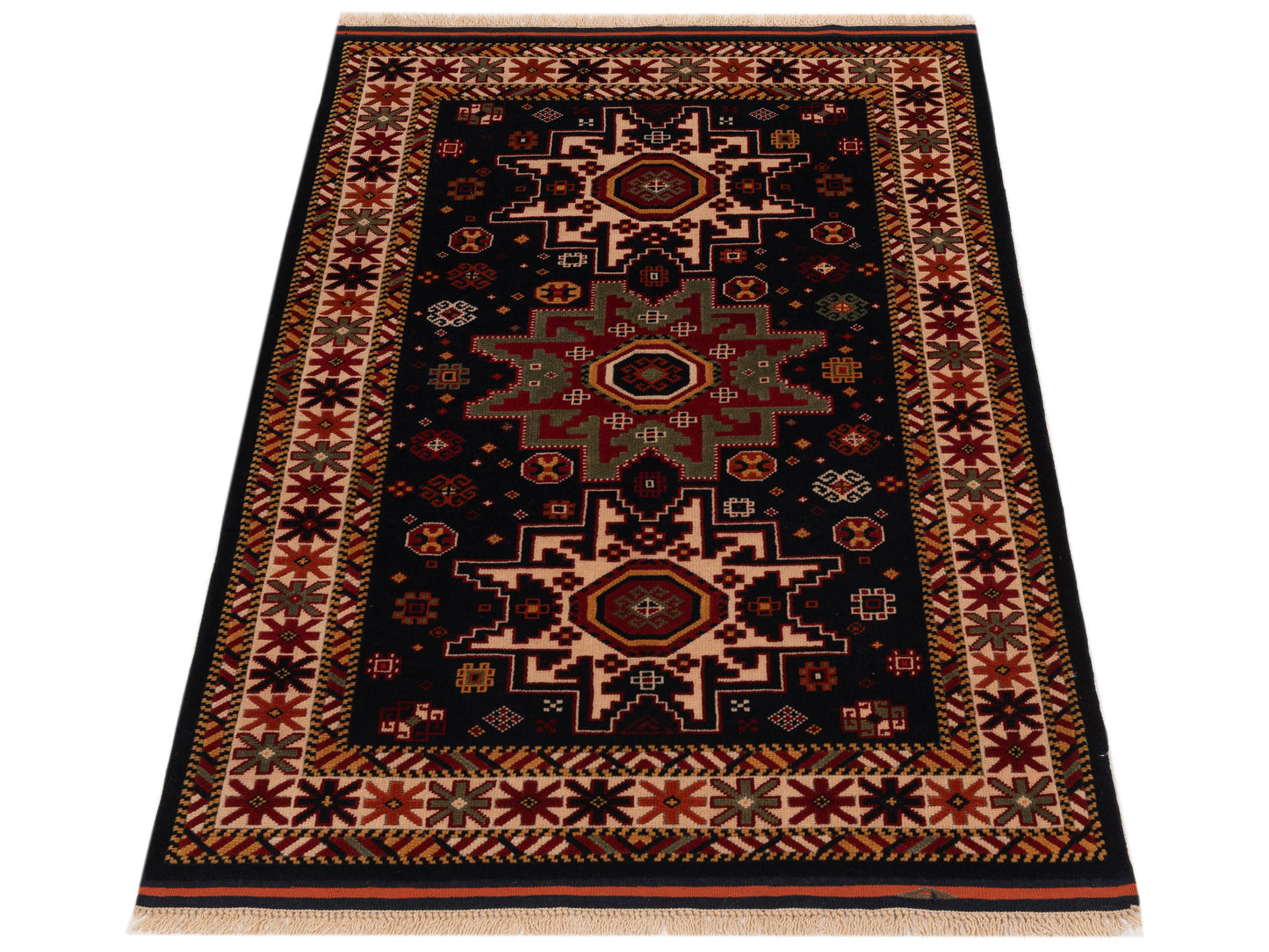 Turkish Shirwan 129704 Navy Ivory 3.9x5.5 Hand Knotted Rug