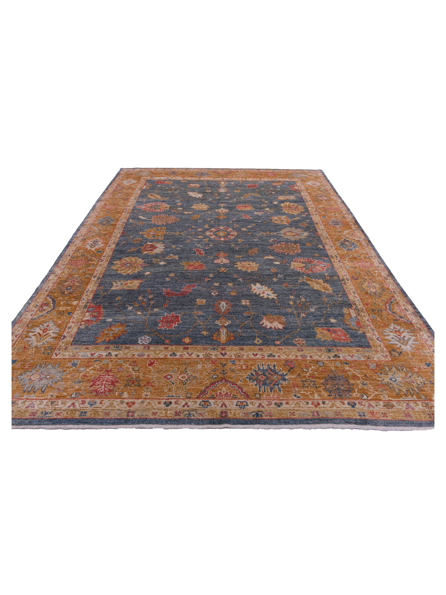 Angora Oushak 144481 Teal Blue Orange 10.6x13.4 Hand Knotted Rug