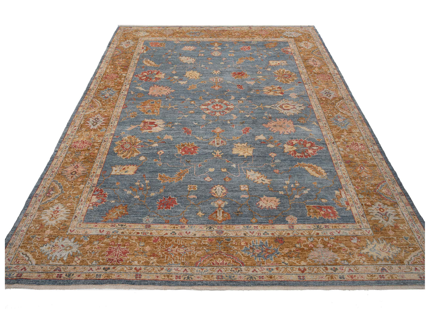 Angora Oushak 144550 Teal Blue Gold 10.3x13.4 Hand Knotted Rug