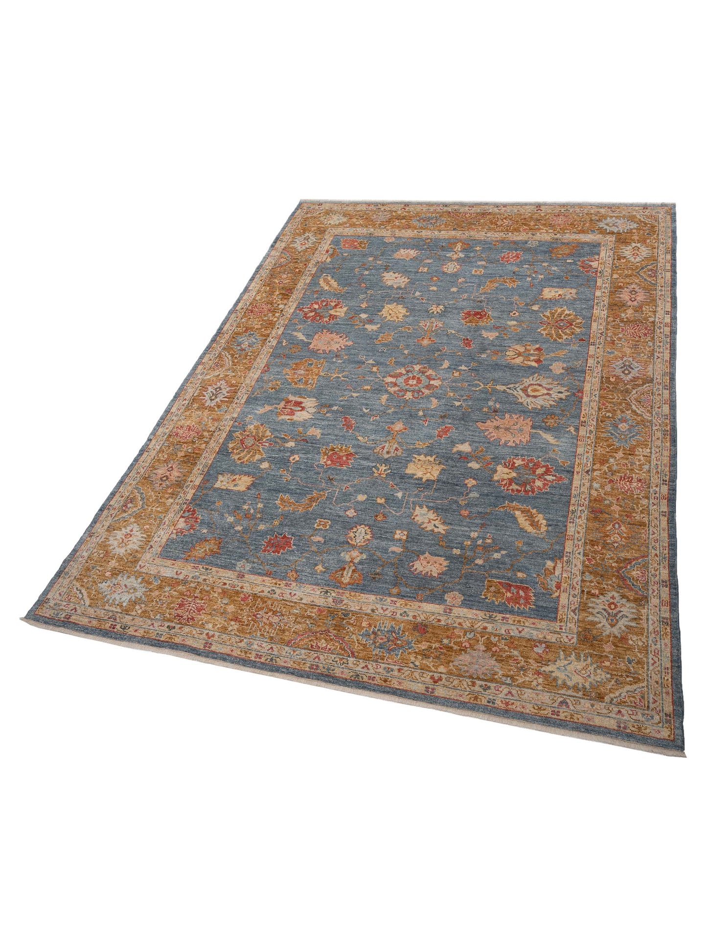 Angora Oushak 144550 Teal Blue Gold 10.3x13.4 Hand Knotted Rug