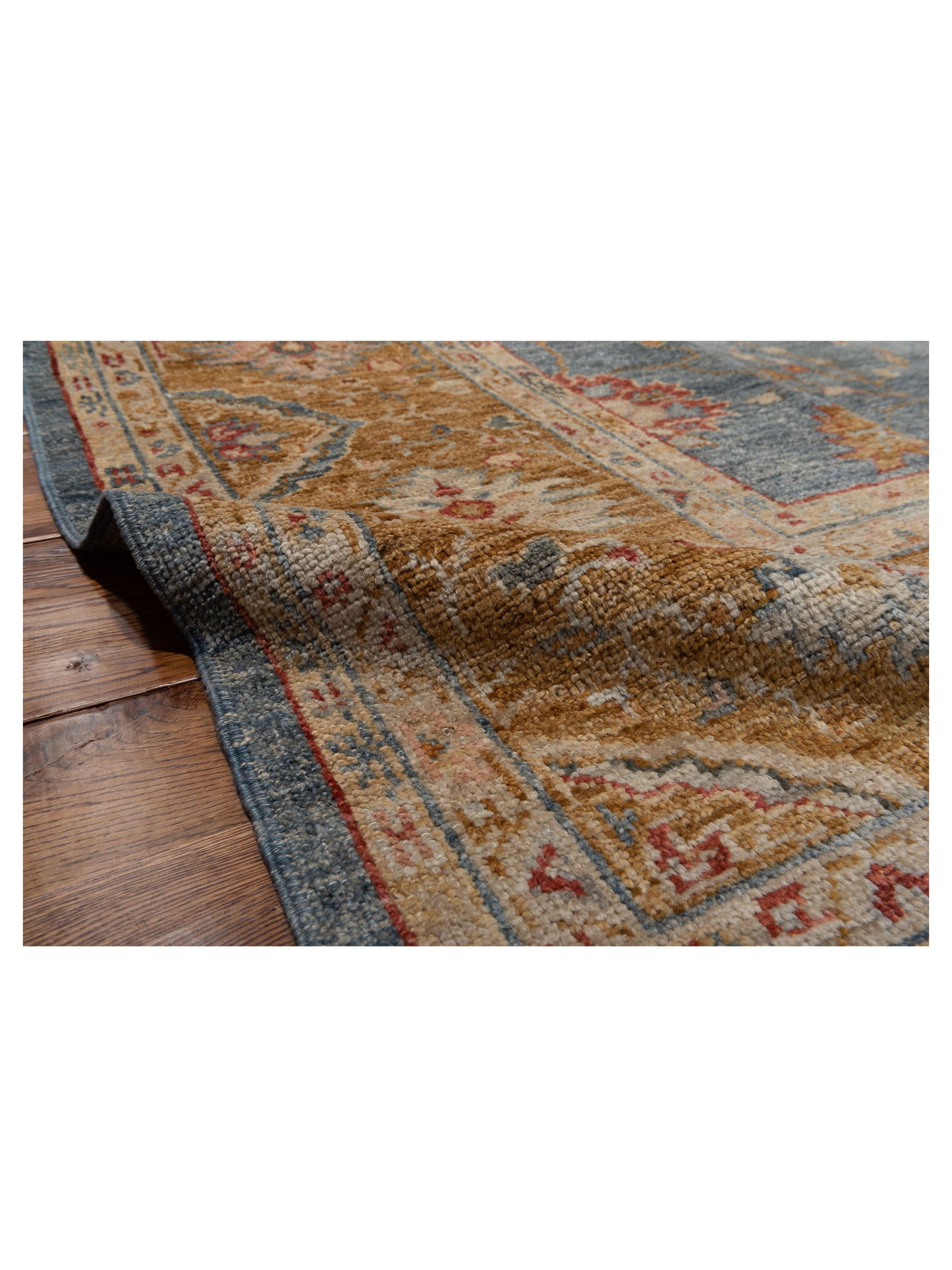 Angora Oushak 144550 Teal Blue Gold 10.3x13.4 Hand Knotted Rug