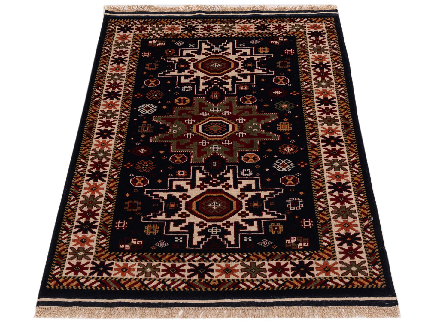 Turkish Shirwan 145141 Navy Ivory 3.9x5.2 Hand Knotted Rug