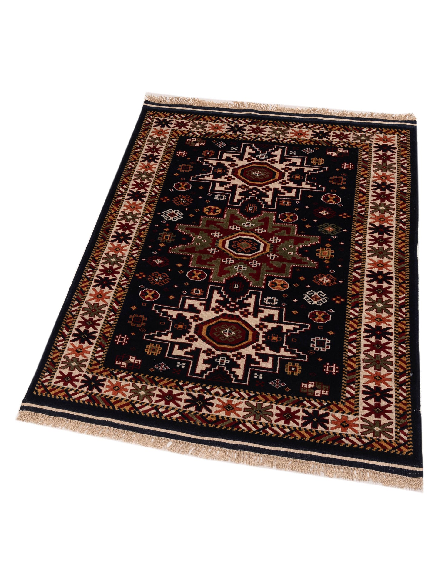 Turkish Shirwan 145141 Navy Ivory 3.9x5.2 Hand Knotted Rug