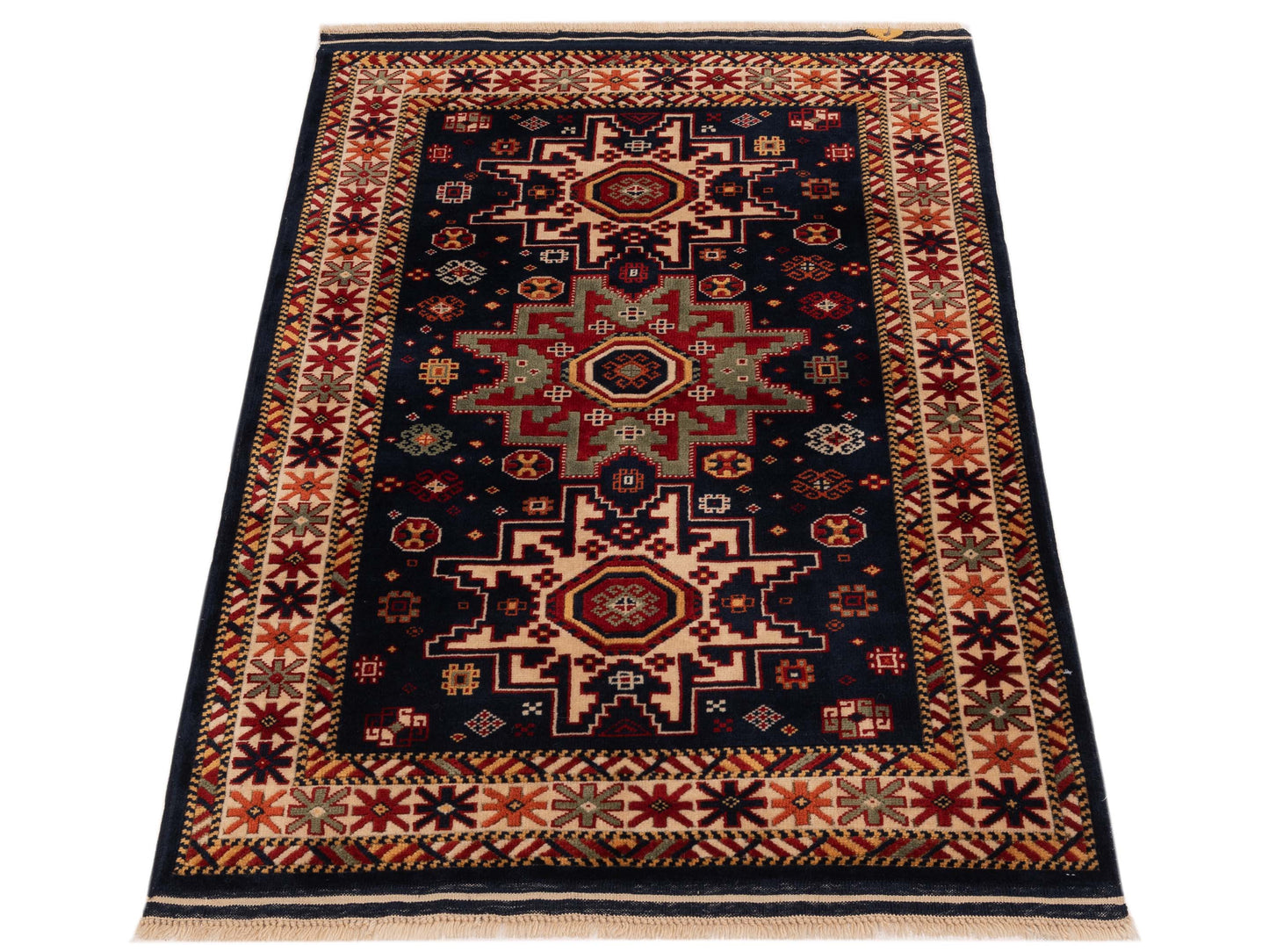 Turkish Shirwan 145183 Navy Ivory 3.10x5.6 Hand Knotted Rug