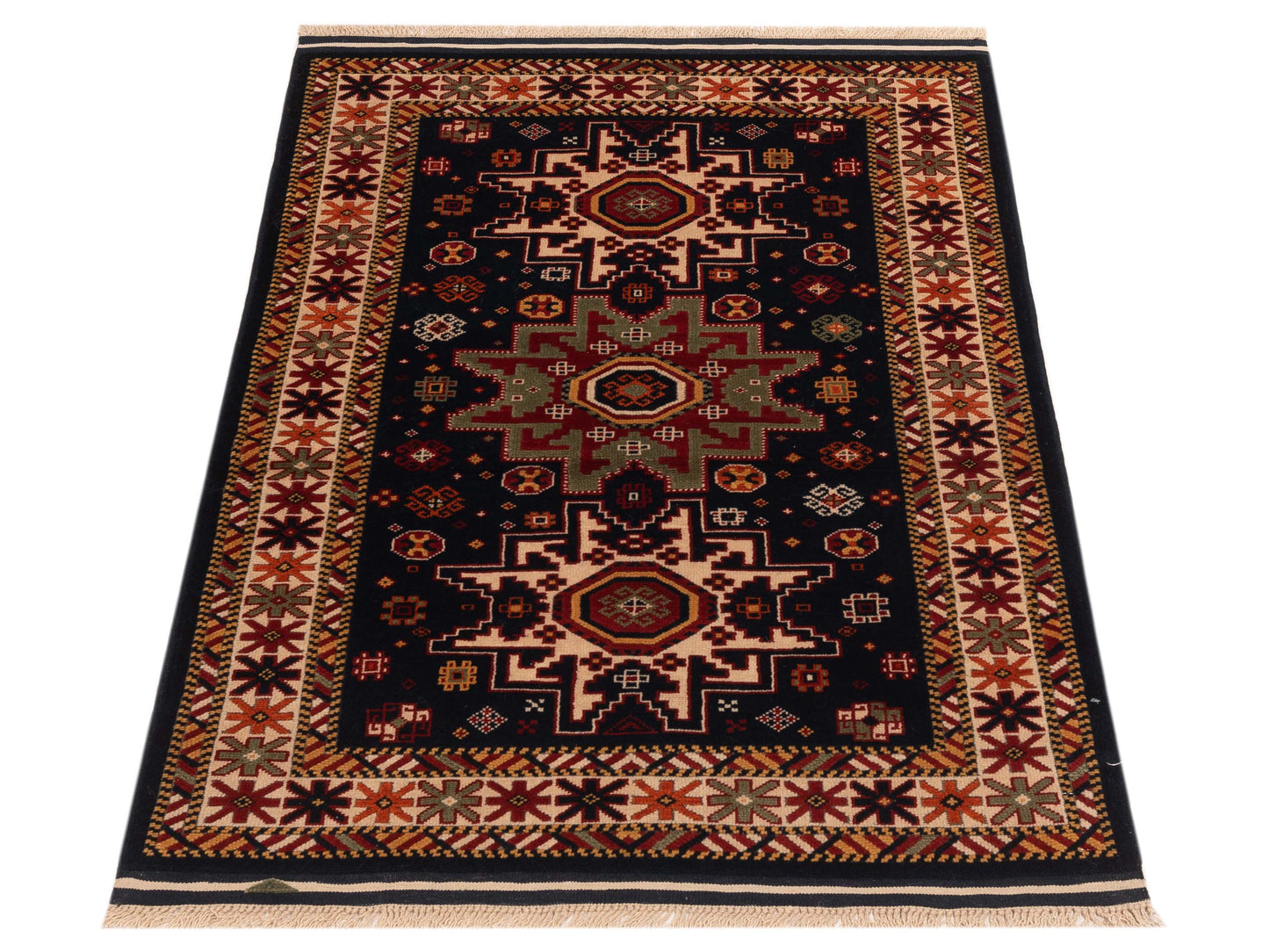 Turkish Shirwan 145213 Navy Ivory 3.9x5.7 Hand Knotted Rug