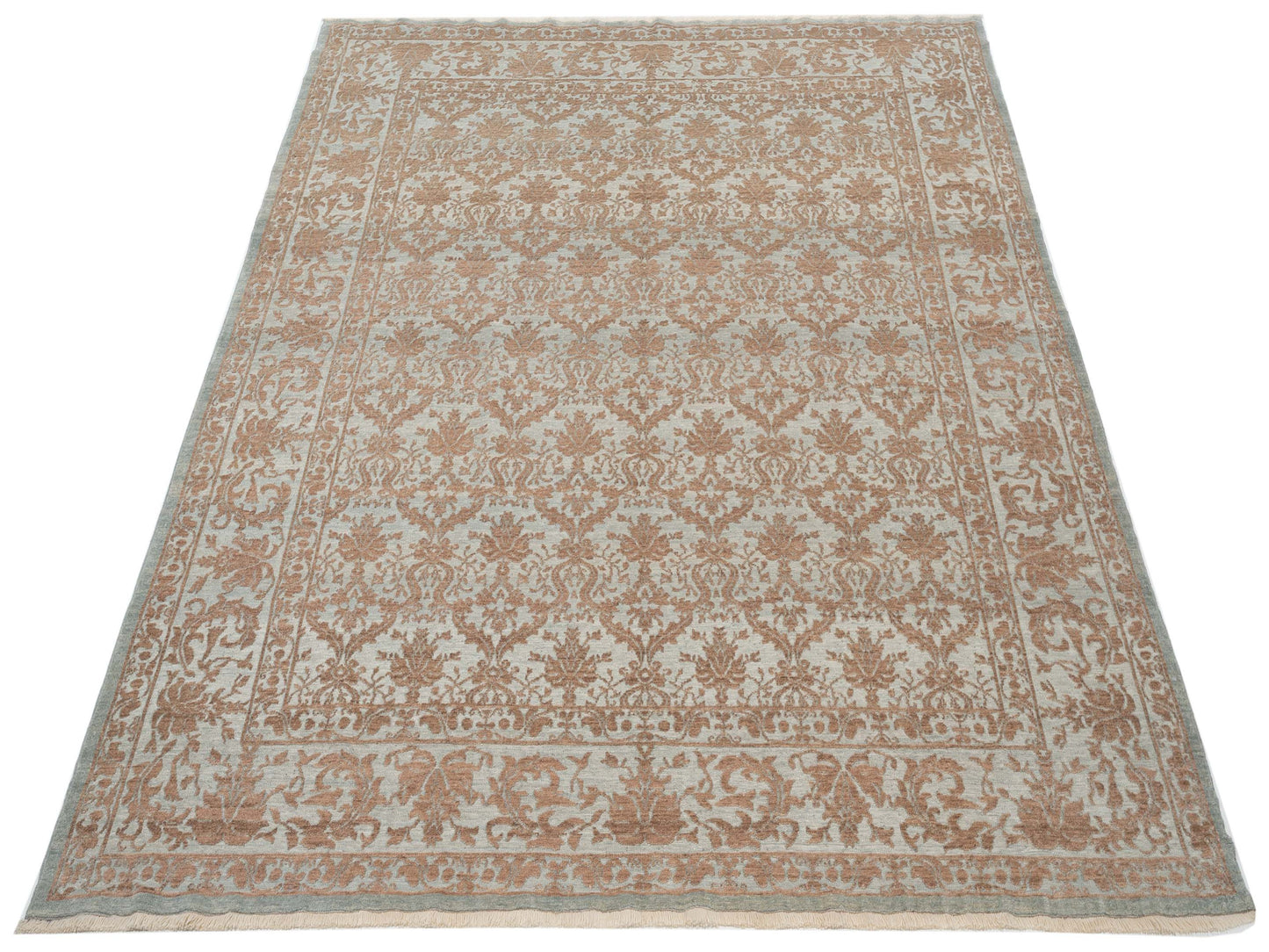 Defne Begonia Ice Blue Brown 8.1x9.6 Hand Knotted Rug
