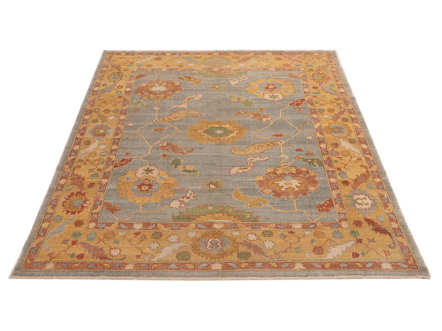 Angora Oushak 146964 Teal Blue Gold 8x10.2 Hand Knotted Rug