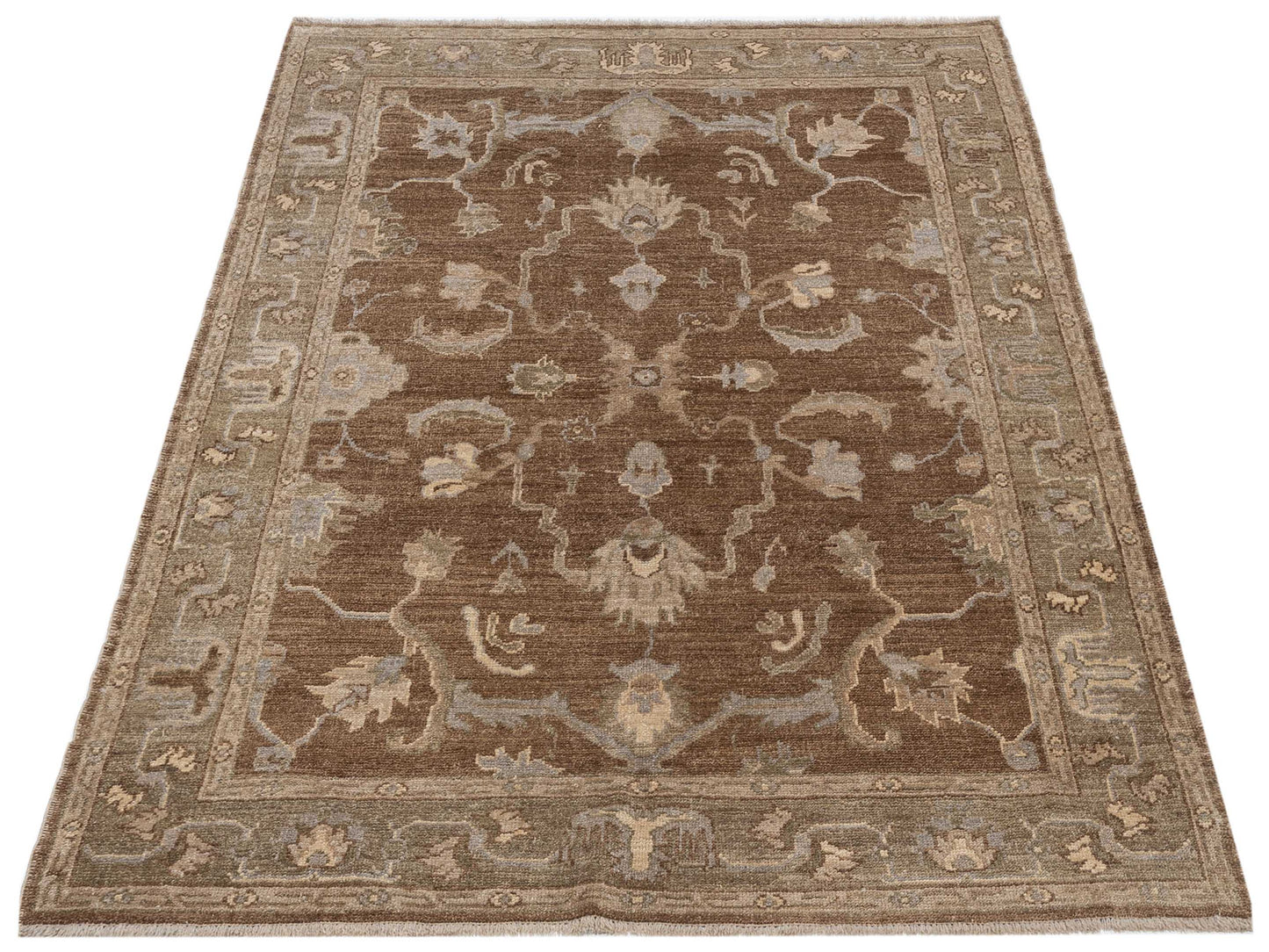 Angora Oushak 147005 Brown Green 5.11x8.7 Hand Knotted Rug