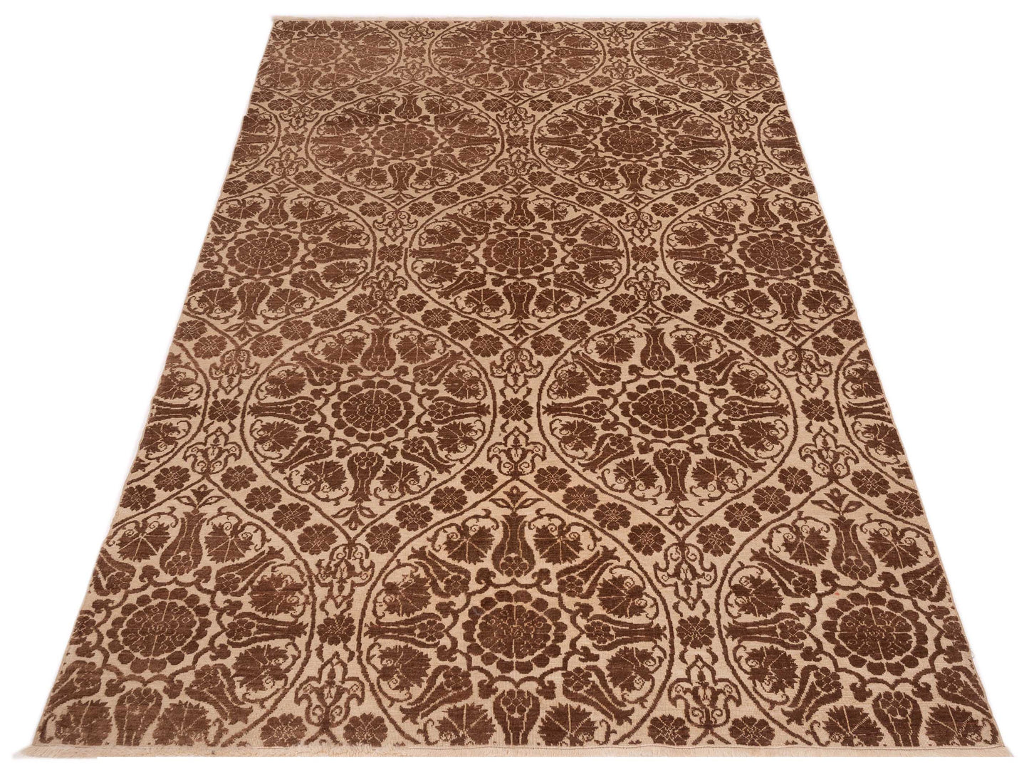 Defne Lotus Beige Brown 6.7x9.7 Hand Knotted Rug