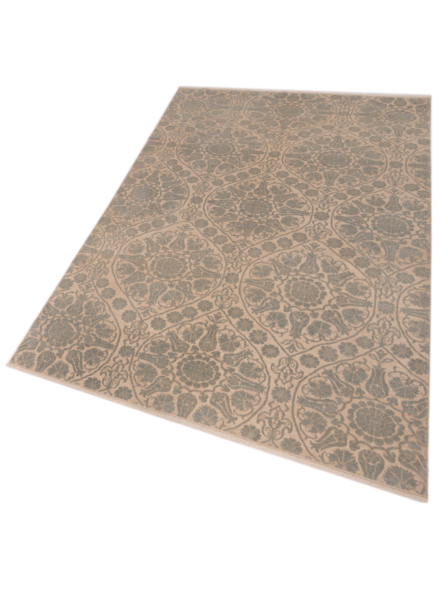 Defne Lotus Ivory Ice Blue 6.8x9.9 Hand Knotted Rug