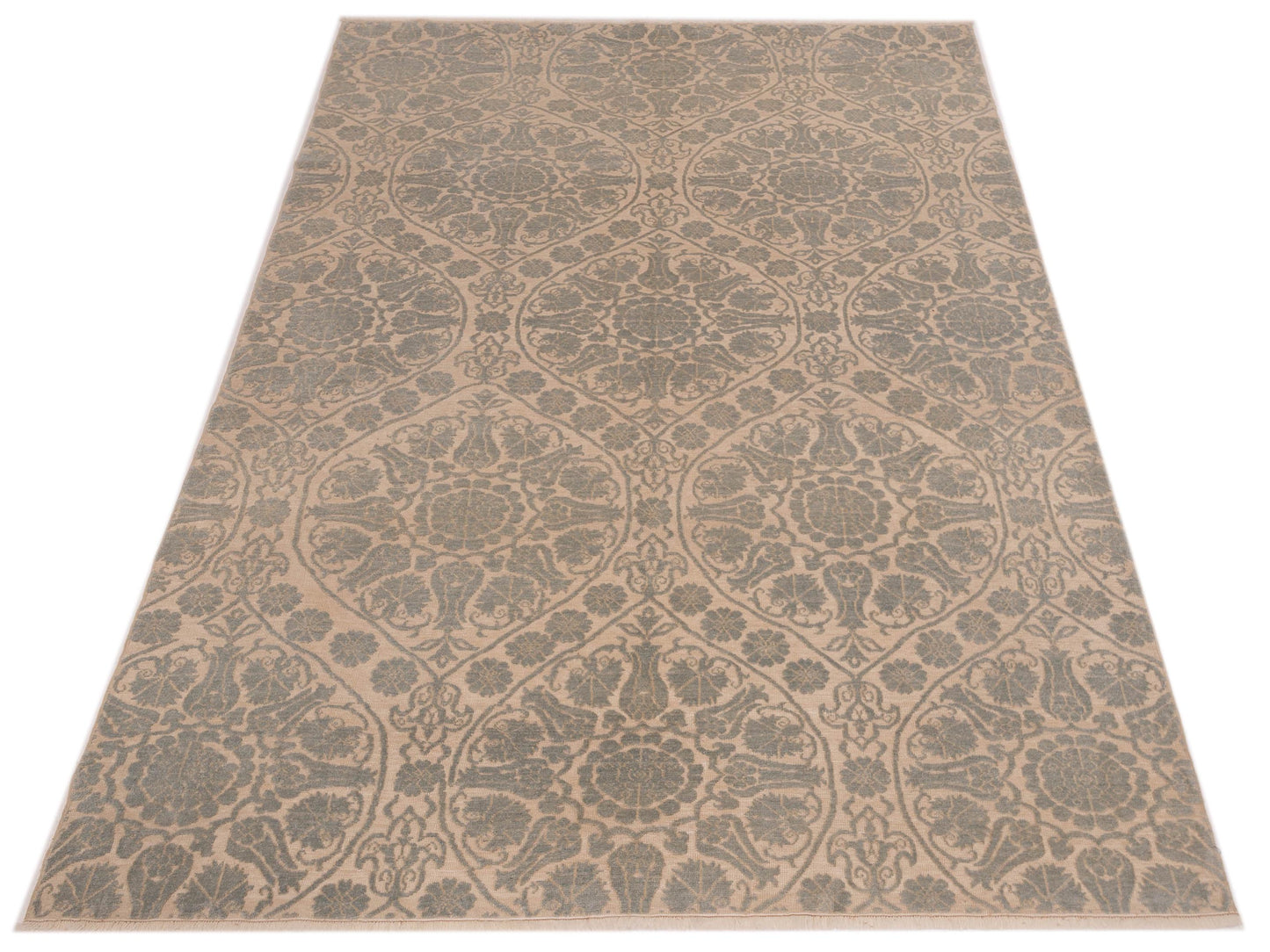 Defne Lotus Ivory Ice Blue 6.8x9.9 Hand Knotted Rug