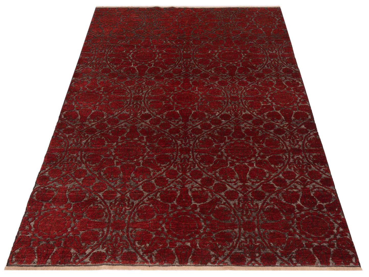 Defne Lotus Charcoal Red 6.7x9.1 Hand Knotted Rug