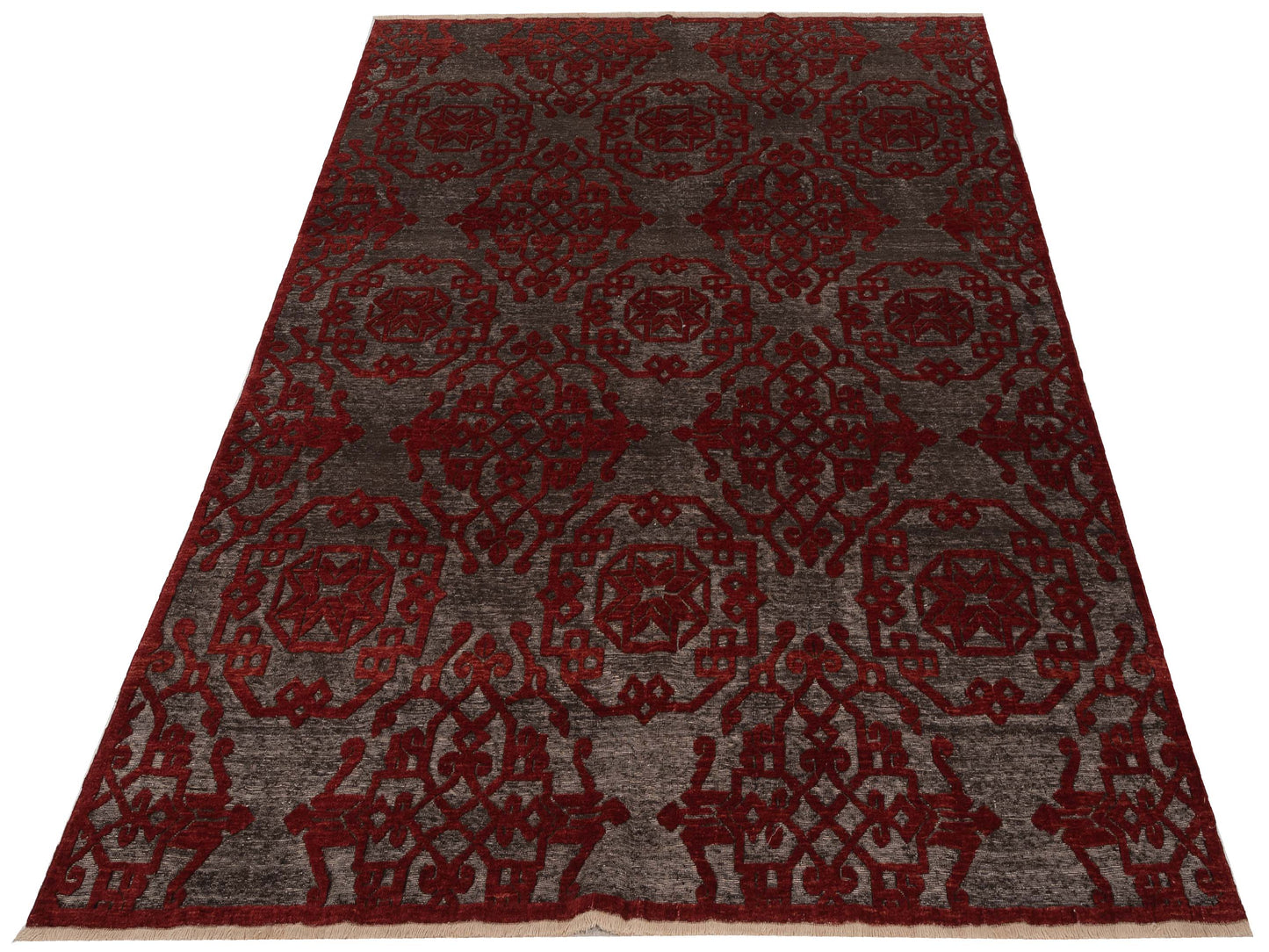 Defne Leaf Charcoal Red 8x9.4 Hand Knotted Rug