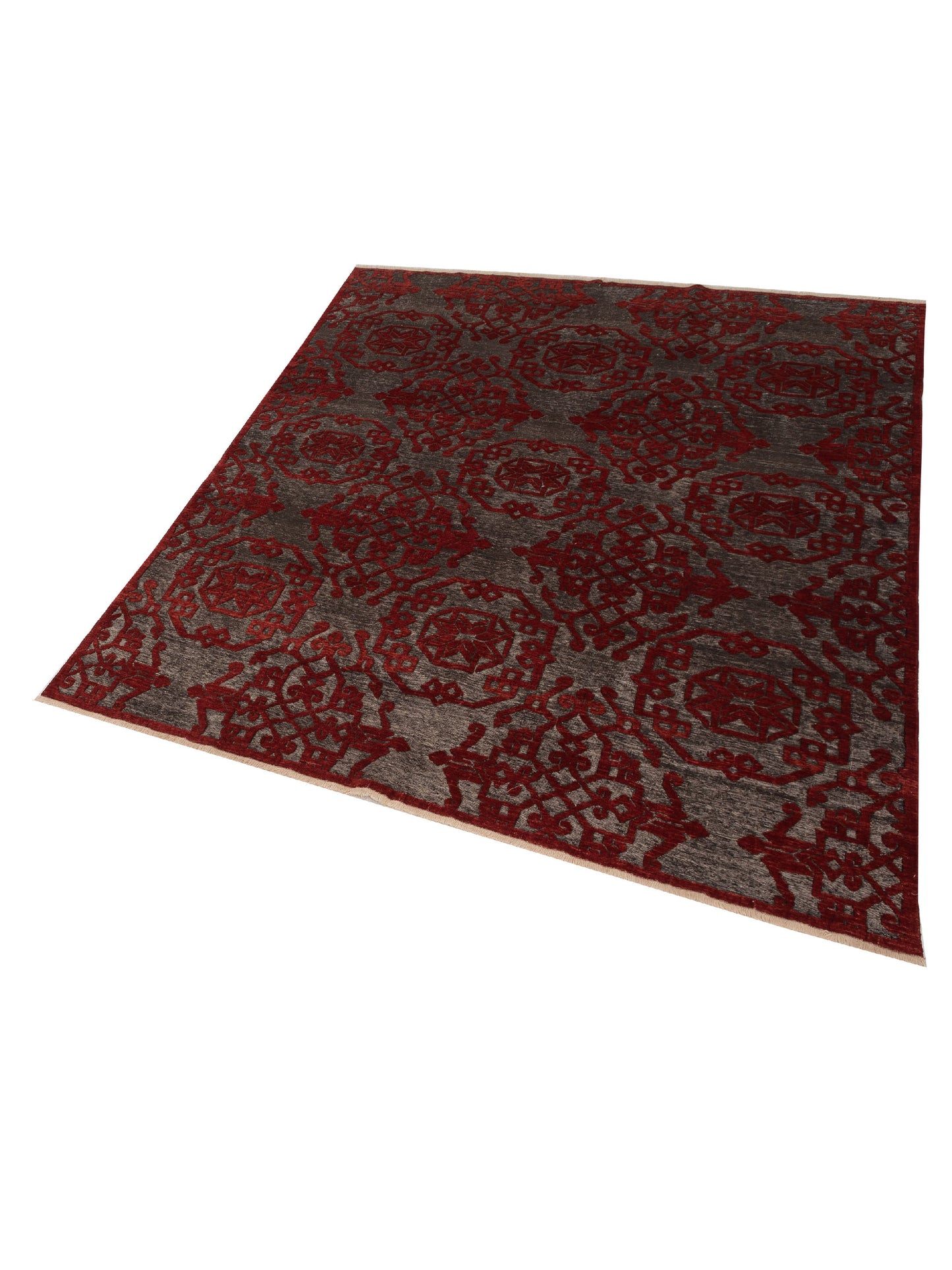 Defne Leaf Charcoal Red 8x9.4 Hand Knotted Rug