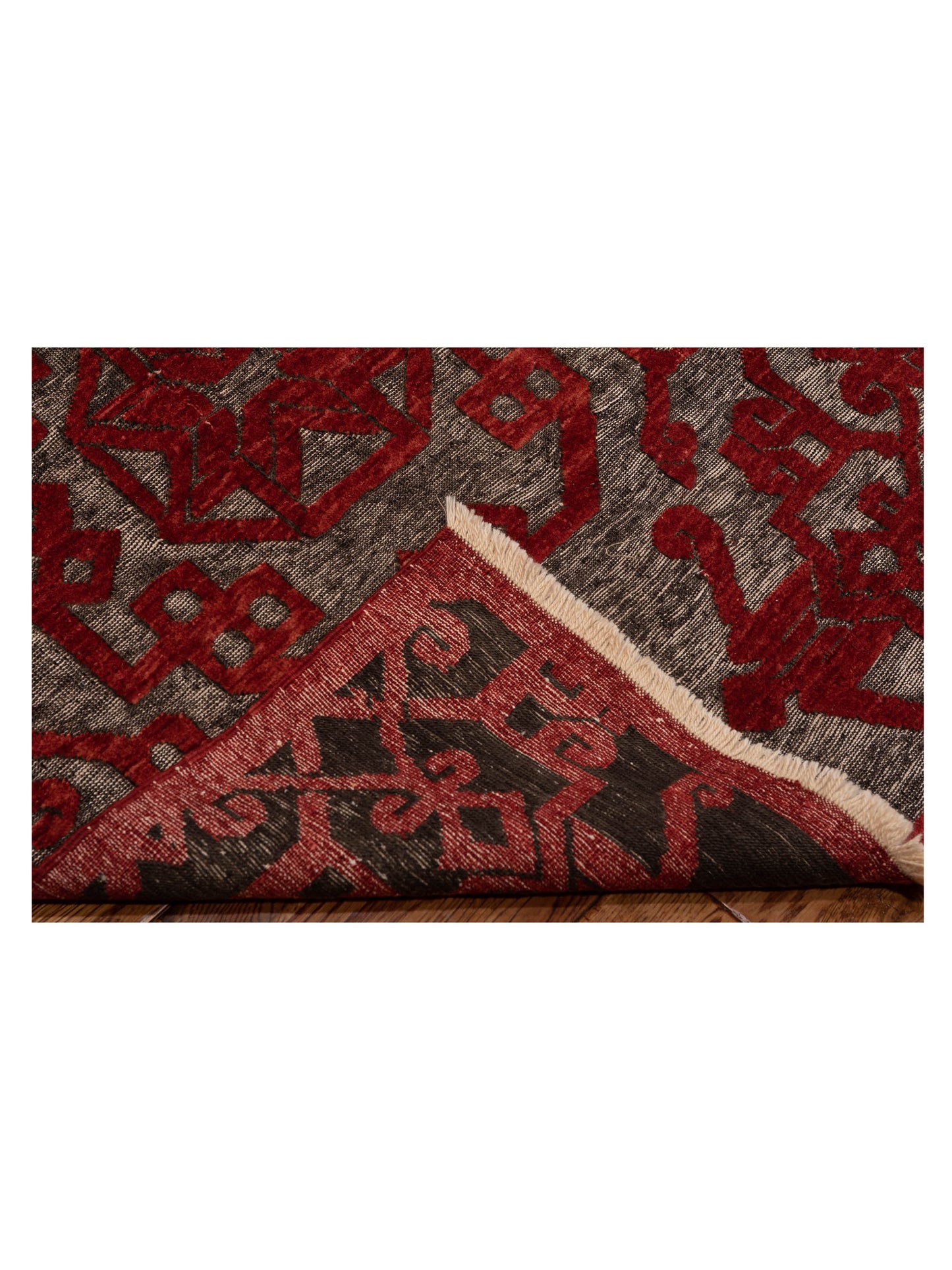 Defne Leaf Charcoal Red 8x9.4 Hand Knotted Rug