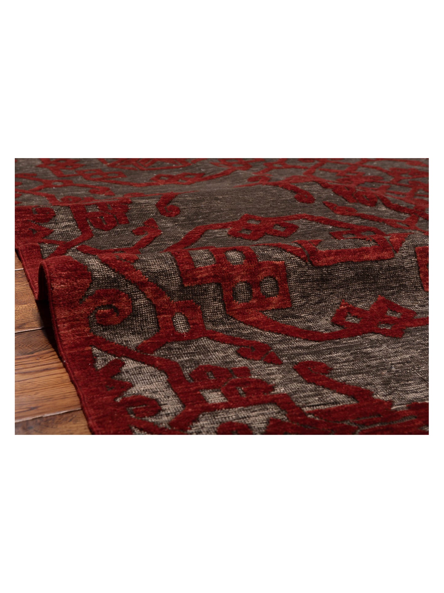 Defne Leaf Charcoal Red 8x9.4 Hand Knotted Rug
