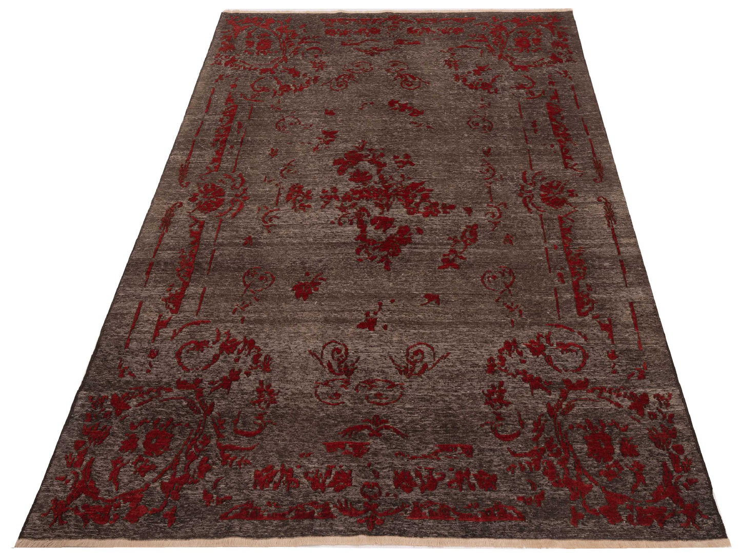 Defne Magnolia Charcoal Red 6.5x9.5 Hand Knotted Rug