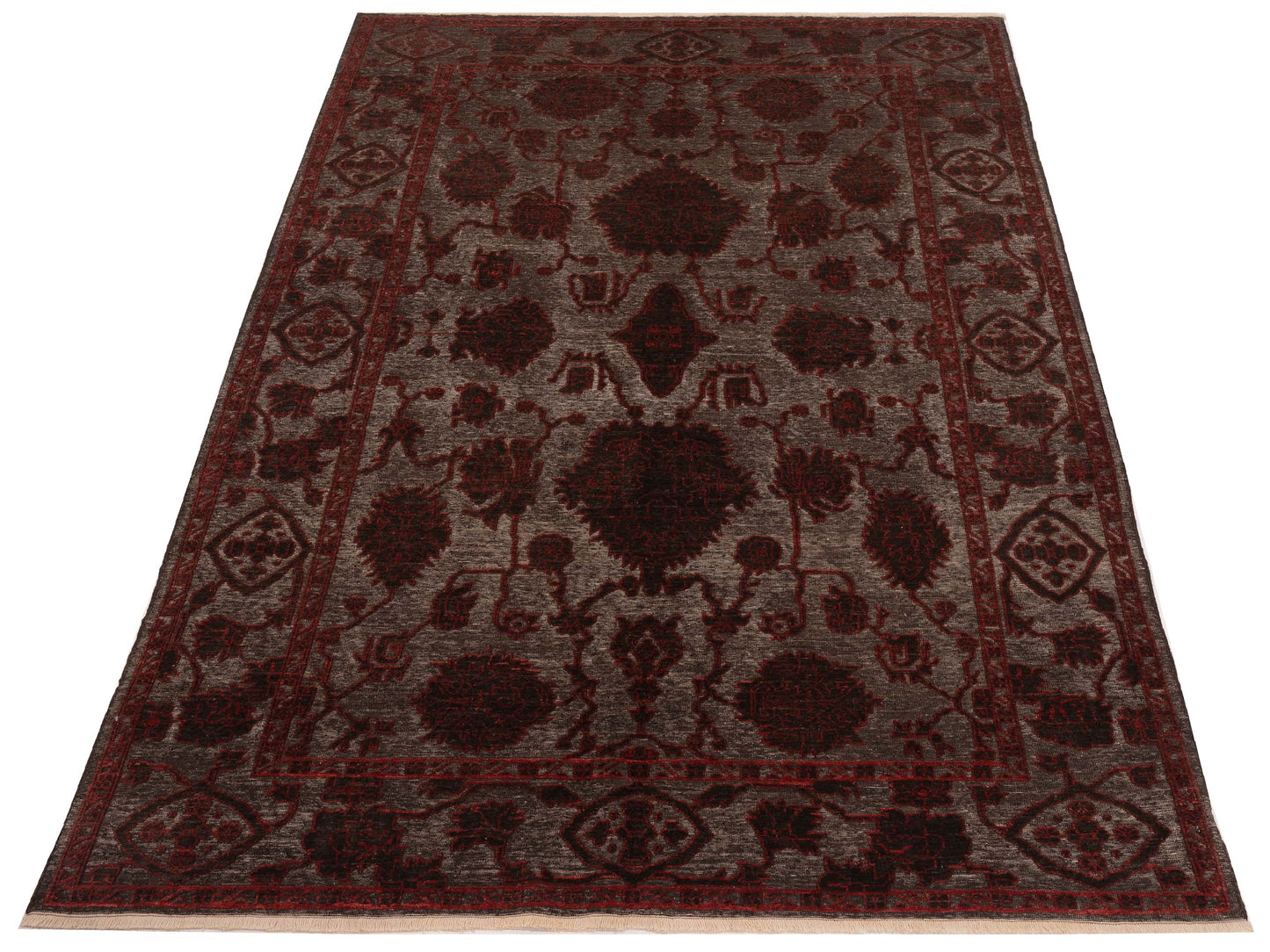 Defne Jade Charcoal Red 6.8x9.4 Hand Knotted Rug