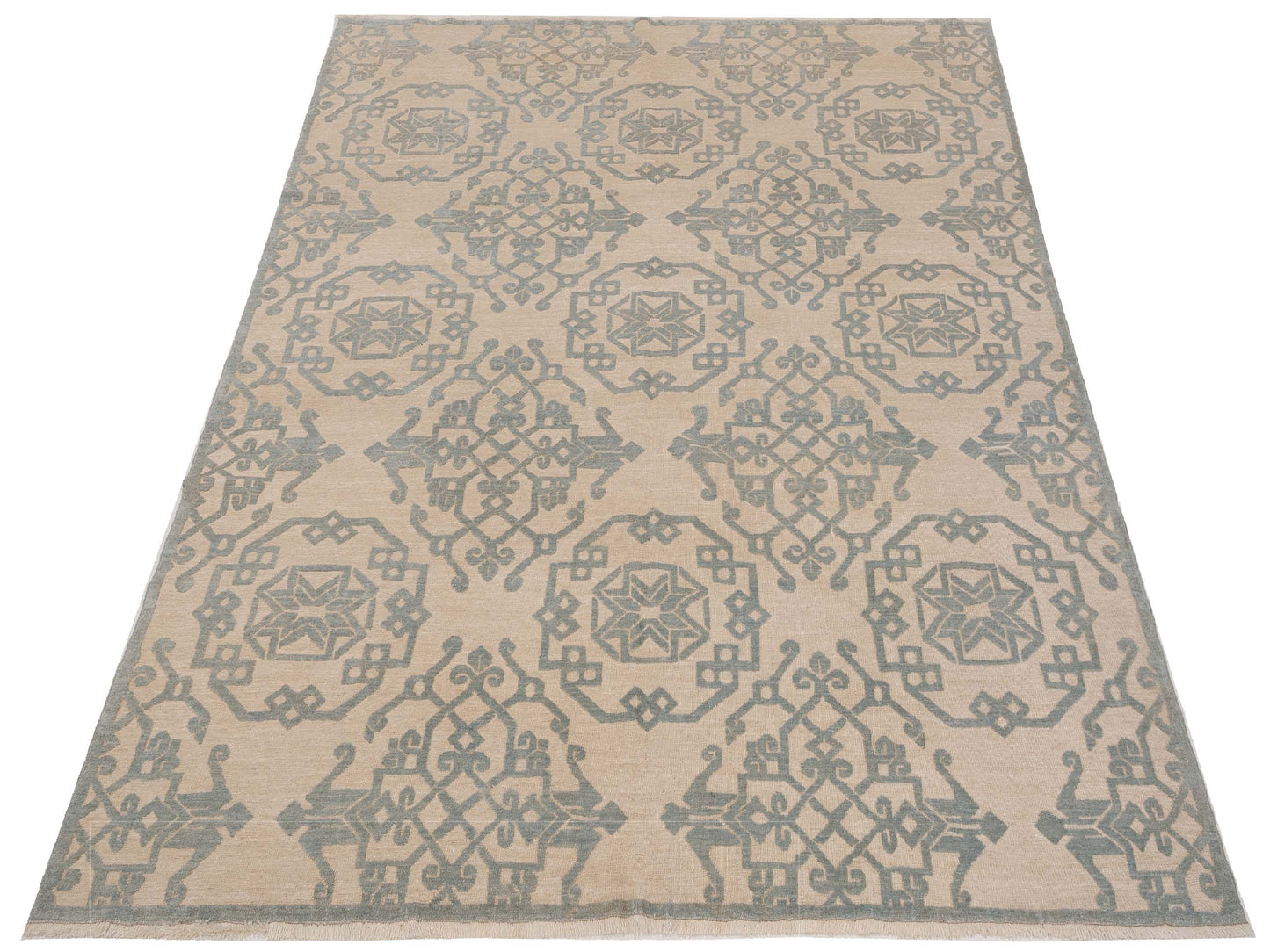 Defne Leaf Ivory Light Blue 8x9.6 Hand Knotted Rug