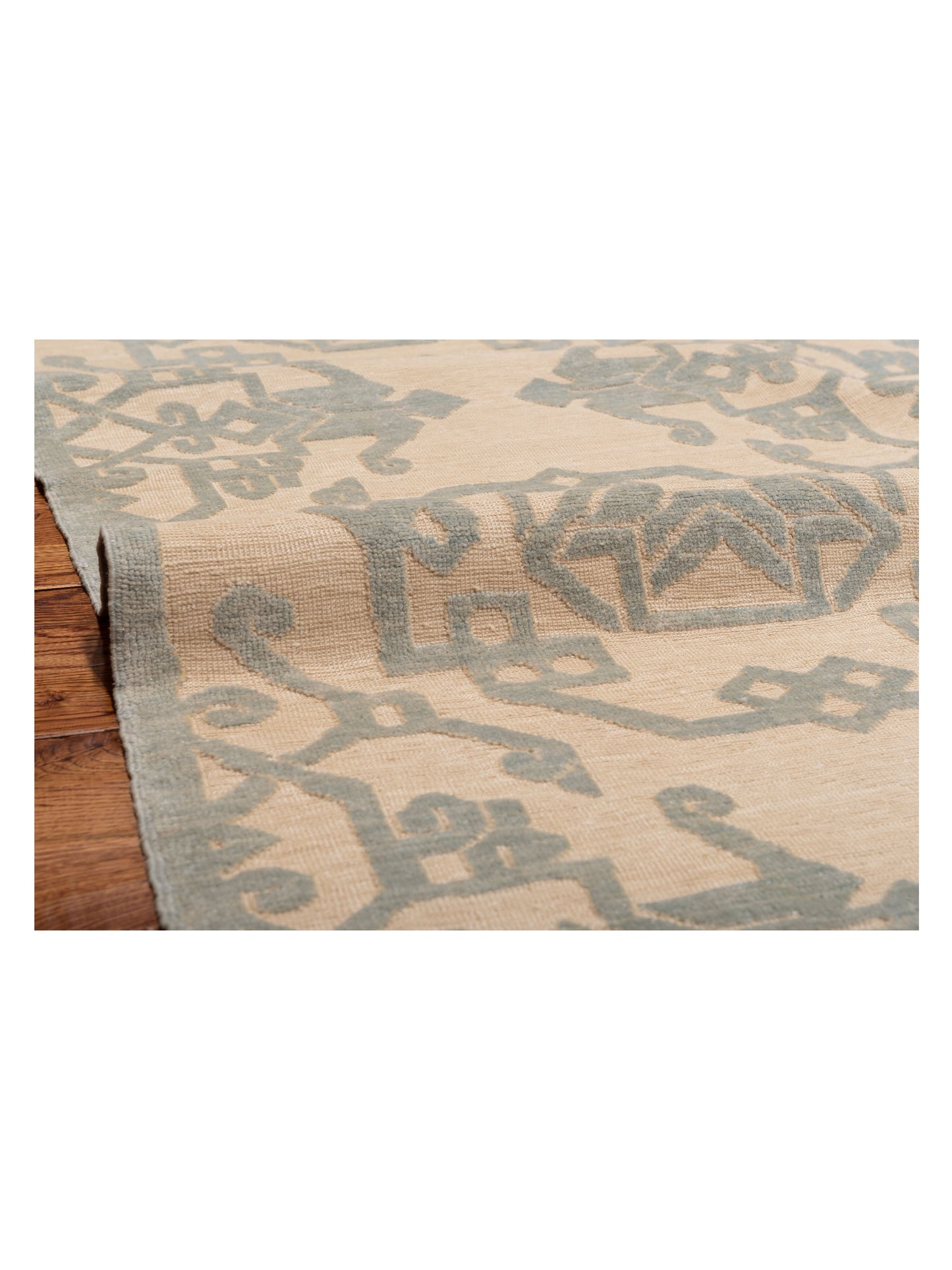 Defne Leaf Ivory Light Blue 8x9.6 Hand Knotted Rug