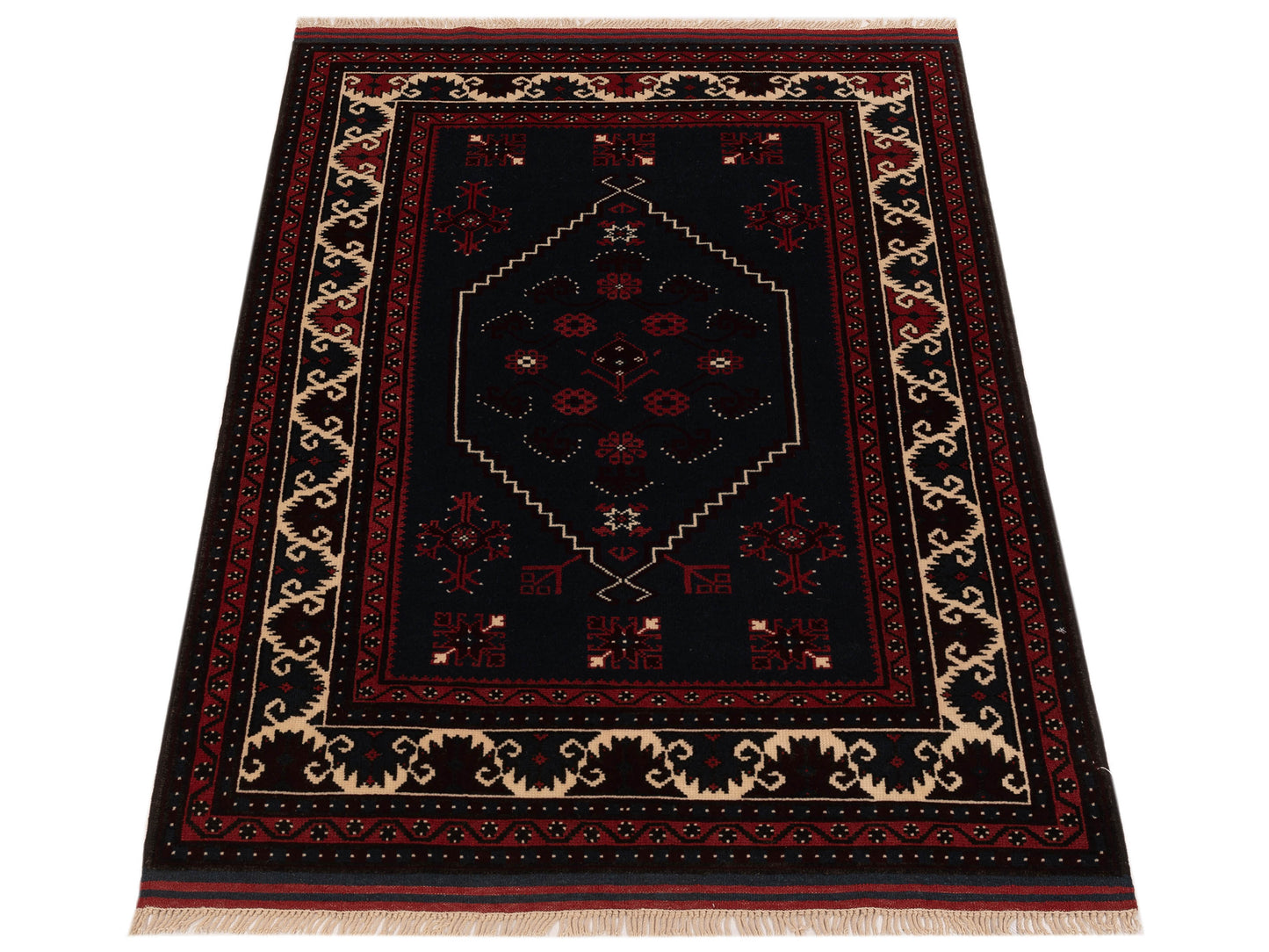Turkish Shirwan 148380 Black Ivory 4.2x5.6 Hand Knotted Rug