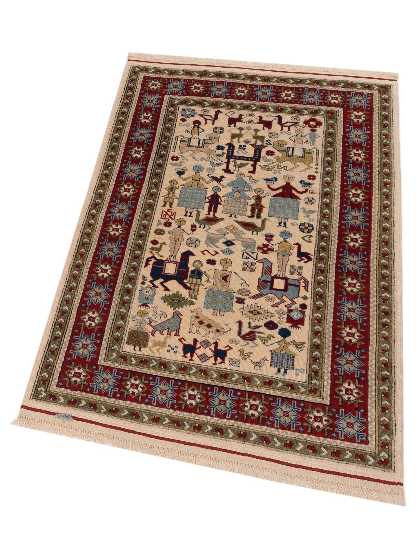 Turkish Shirwan 148381 Ivory Red 3.8x5.4 Hand Knotted Rug